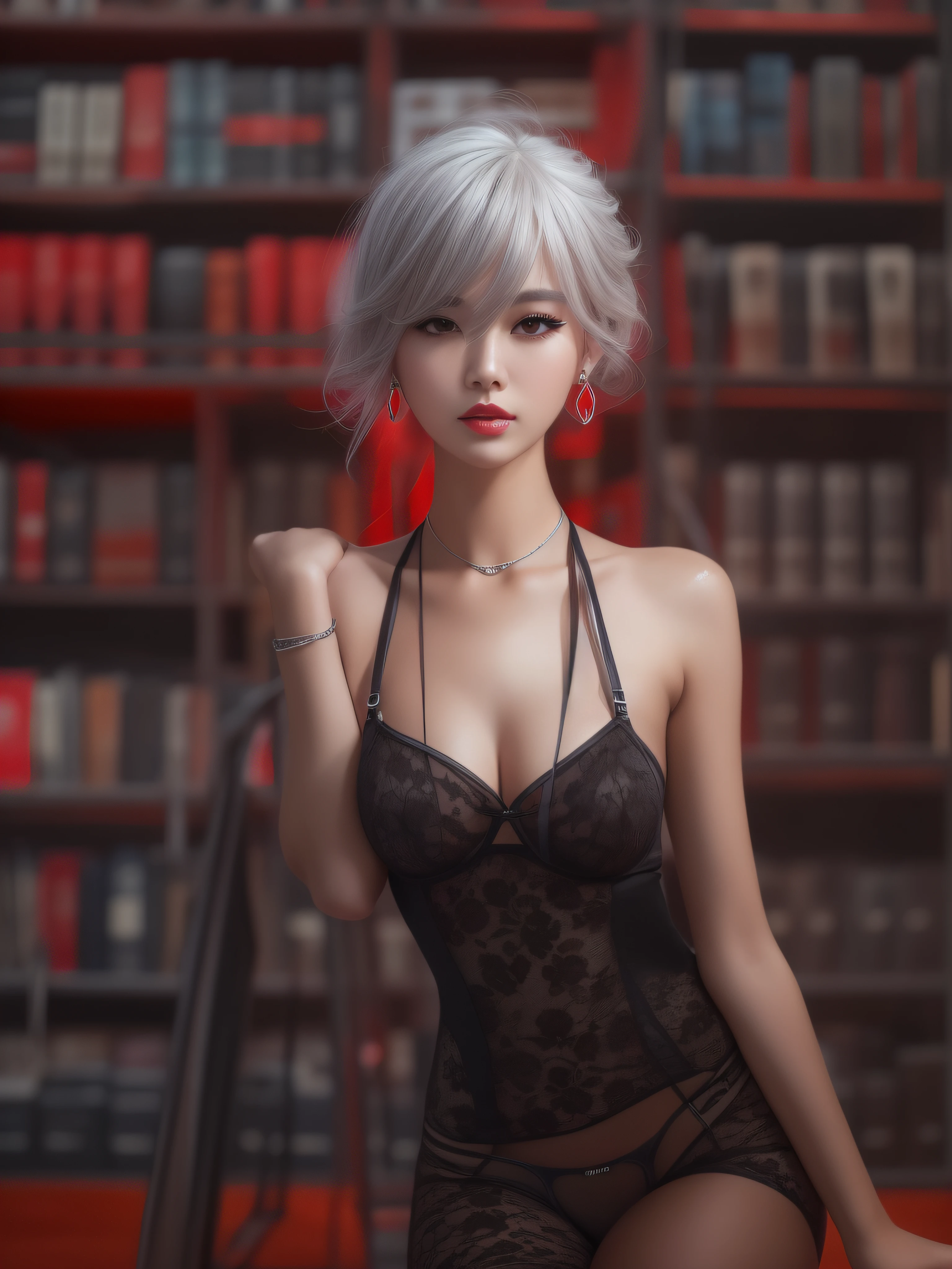 full-body portraits, photograph realistic, A beautiful Chinese mother, Adult video actress, In a lot of people's libraries, Get wet all over your body, Slim figure, Height 1.6m, perfect female shape, 34C breasts, Naked of breast, Slim waistline, Elongated legs, 28-inch hips, Wheat-colored skin, Full forehead, Slender eyebrows, Wear red and black erotic underwear, Suspender stockings, Stiletto heels, tempting pose, silver hair, streaked hair, bangs, messy hair, straight hair, hair slicked back, medium hair, jewelry, longeyelashes, earrings, makeup, serious, expressionless, red lips, cinematic lighting, three sided view, masterpiece, textured skin, super detail, best quality, 8k