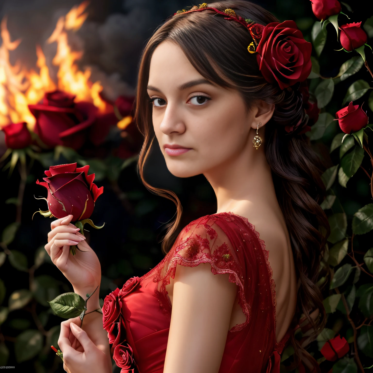 best quality ,masterpiece, illustration, an extremely delicate and beautiful, extremely detailed ,CG ,unity ,8k wallpaper, Amazing, finely detail, masterpiece, best quality, official art, extremely detailed CG unity 8k wallpaper, ultra-detailed, highres, extremely detailed, ((1girl holding a beautiful detailed (red rose))), extremely detailed petals, droplets on petals, refraction, glaring, depth of field, ((large fire across the background)), red dress on fire, garland of roses, hair piece with roses, perfect face, perfect anatomy, beautiful features, beautiful eyes, well proportioned