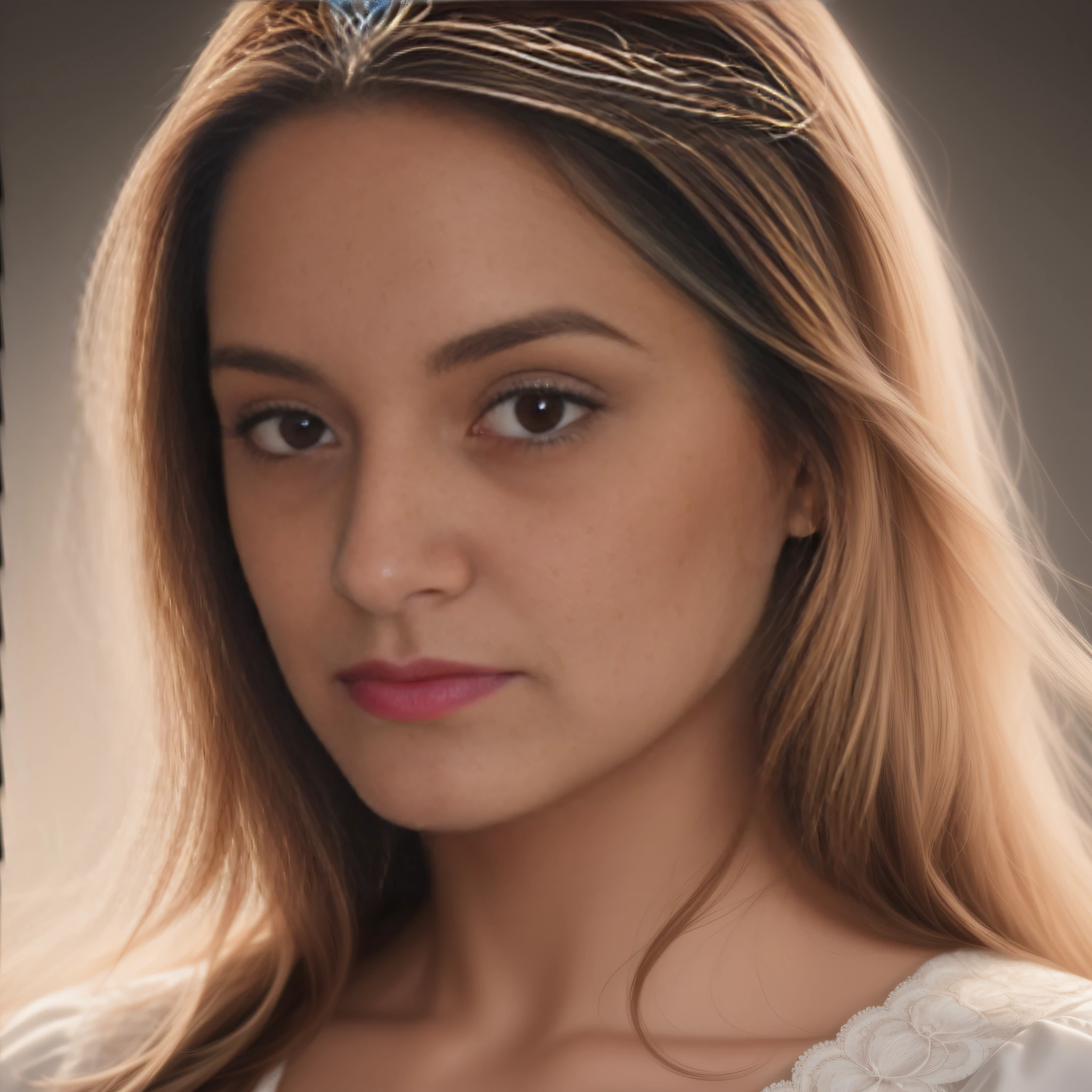 there is a woman that is looking at the camera, com flores no cabelo, rosto realisticamente renderizado, realistic studio portrait, Foto retrato realista, rosto perfeito sombreado realista, Retrato digital, rendering of close up portrait, retrato de alta qualidade, Adolescente hiper-realista, rosto fotorrealista, Realistic portrait, retrato realista da foto, Maia Sandu Hiper-realista, Retrato fotorrealista, rosto bonito fotorrealista, Retrato de Arte Digital, (pele muito linda), (pele bonita), arranjo de tiara de flores na testa, Faixa separada, cabelos castanhos claros, tiara, Romantismo, High detail, Reflexo da lente, Sony FE GM, F/4.0, 85 millimeters, 8k, alto, best quality, Concedido, alta qualidade, detalhes altos, super detalhe, pele texturizada, anatomicamente correto, ccurate, master part, retina, UHD