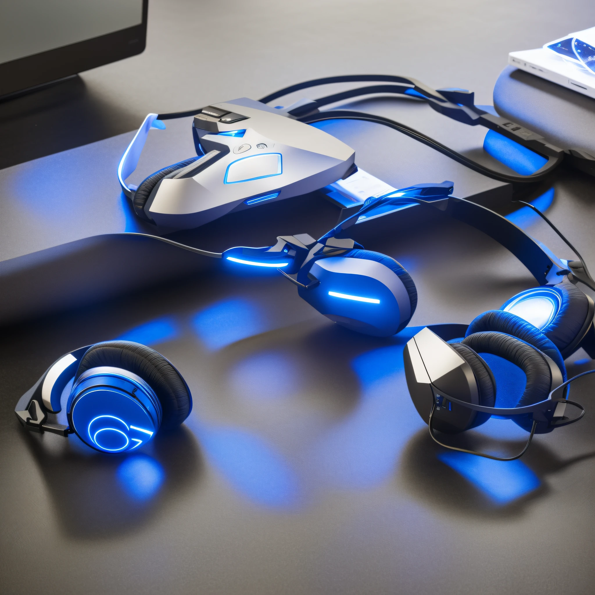 A brilliant technological headset, com detalhes em metal cromado e luzes LED coloridas, soft cushions and flexible hinges, futuristic ambience with a minimalist office desk in the background, iluminado por luzes suaves e azuladas, atmosfera calma e concentrada, Fotografia, lente macro de 50mm, --ar 16:9 --v 5 --auto