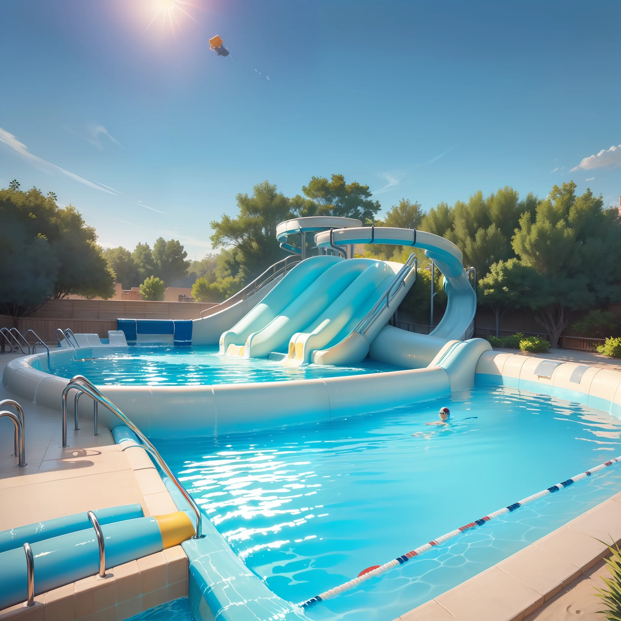 (swimming pools, Huge waterslide, masterpiece of best quality, Ultra-high resolution illustrations:1.5)