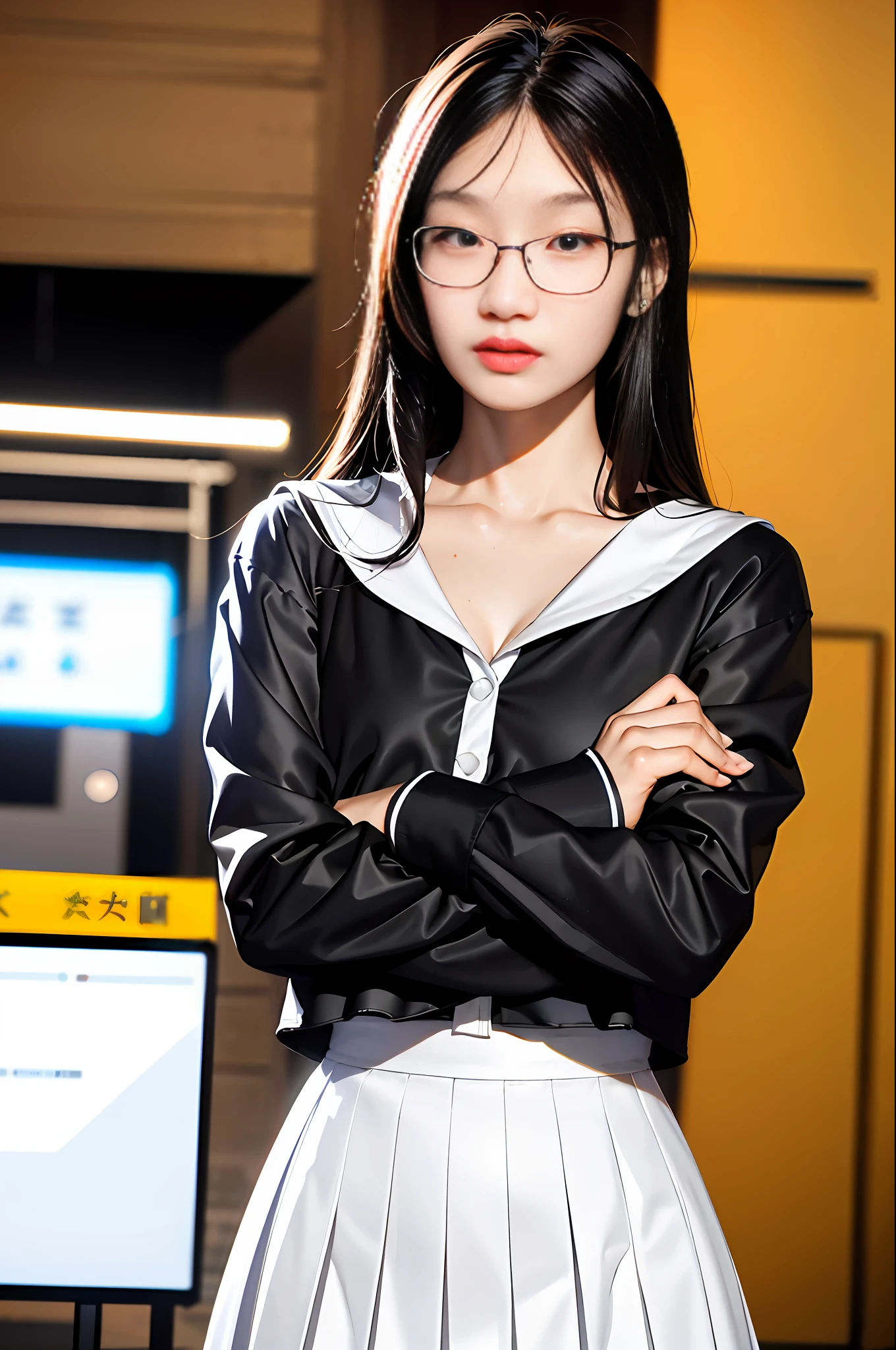 ulzzang-6500-v1.1,(raw photo:1.2), (photorealistic:1.4), Beautiful Meticulous Girl, very detailed eyes and faces, Beautiful detailed eyes, absurderes, ultra - detailed, A high resolution, The is very detailed,best qualtiy,tmasterpiece,The is very detailed,CG,unified,8k 壁纸,Amazing Cleavage,finely detailled,tmasterpiece,best qualtiy,Very detailed 8k wallpapers,light in face,cinmatic lighting, 1girl, ,a black pleated skirt,Black JK uniform,emaciated,wears glasses,white skinned,perspired,Very thin,long whitr hair,鎖骨,puffy eye,Black shirt,full bodyesbian,small boobs,Poor milk,bit girl