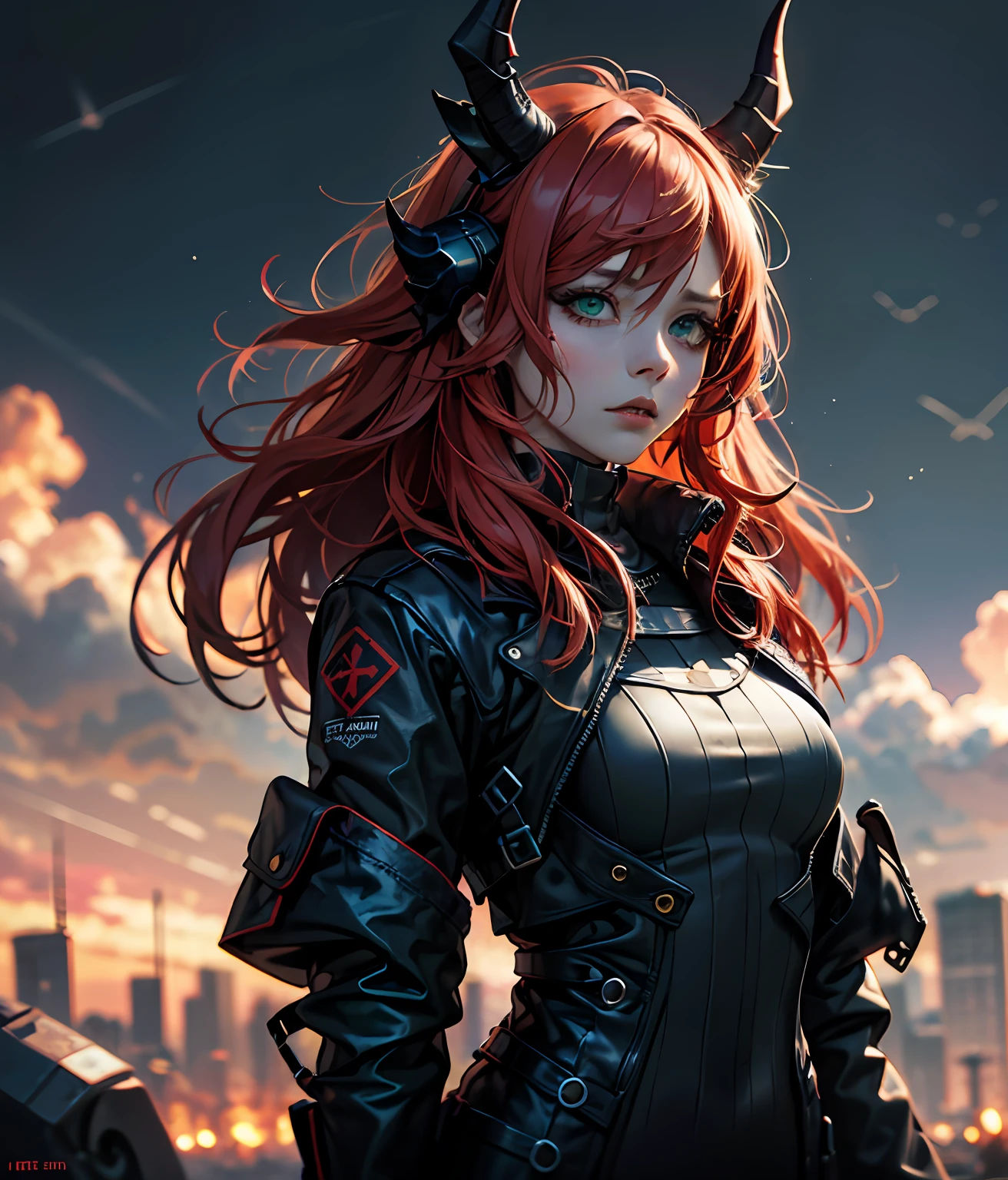 absurdres, highres, ultra detailed, (ultra-detailed background, detailed infernal style background), extremly detailed, 1girl, melancholy photo of a red haired demon young female with green eyes and black horns, lace catsuit, desaturated colour, inclement emotions, shot with a Ilford HP5, F/1. 8