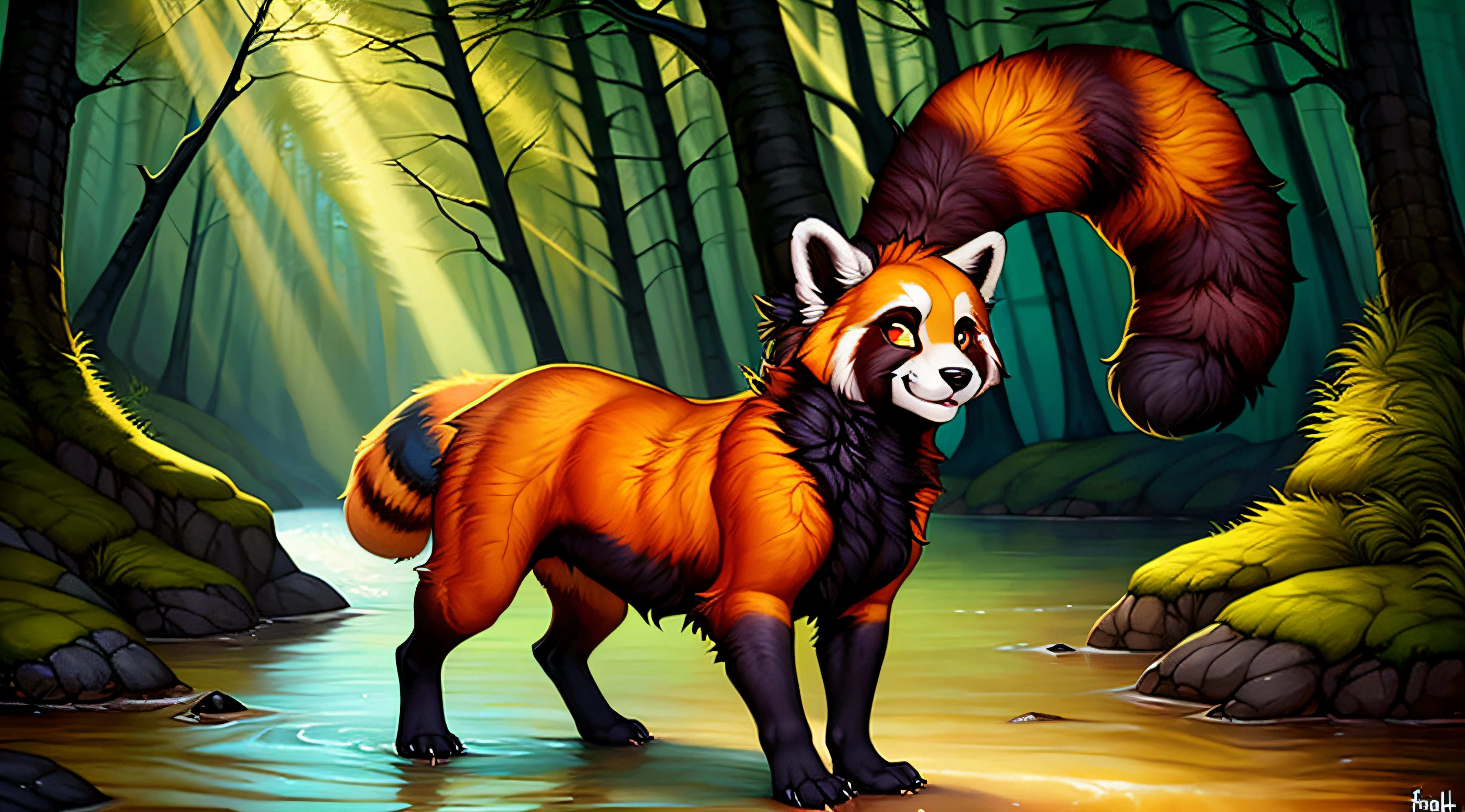 subido a e621, (por AnChee, por Foxovh, por cumbread, por Hyilpi), ((panda rojo de ojos azules claros, detallado)), (((Taur))), salvaje, ((red panda Taur de frente sentado con patas abiertas)), (In the middle of a forest at noon with a river in the background), (detailed lighting), (cinematography lighting), [luz ambiental detallada], [cara y ojos detallados], [Enfoque genital], peludo, peludo fandom, Fursona, ((sombra de medio cuerpo)), [luz ambiental en el vientre], [proporciones realistas], [explicit content], [foco nítido], (contenido cuestionable), (sombreado), ((obra maestra))