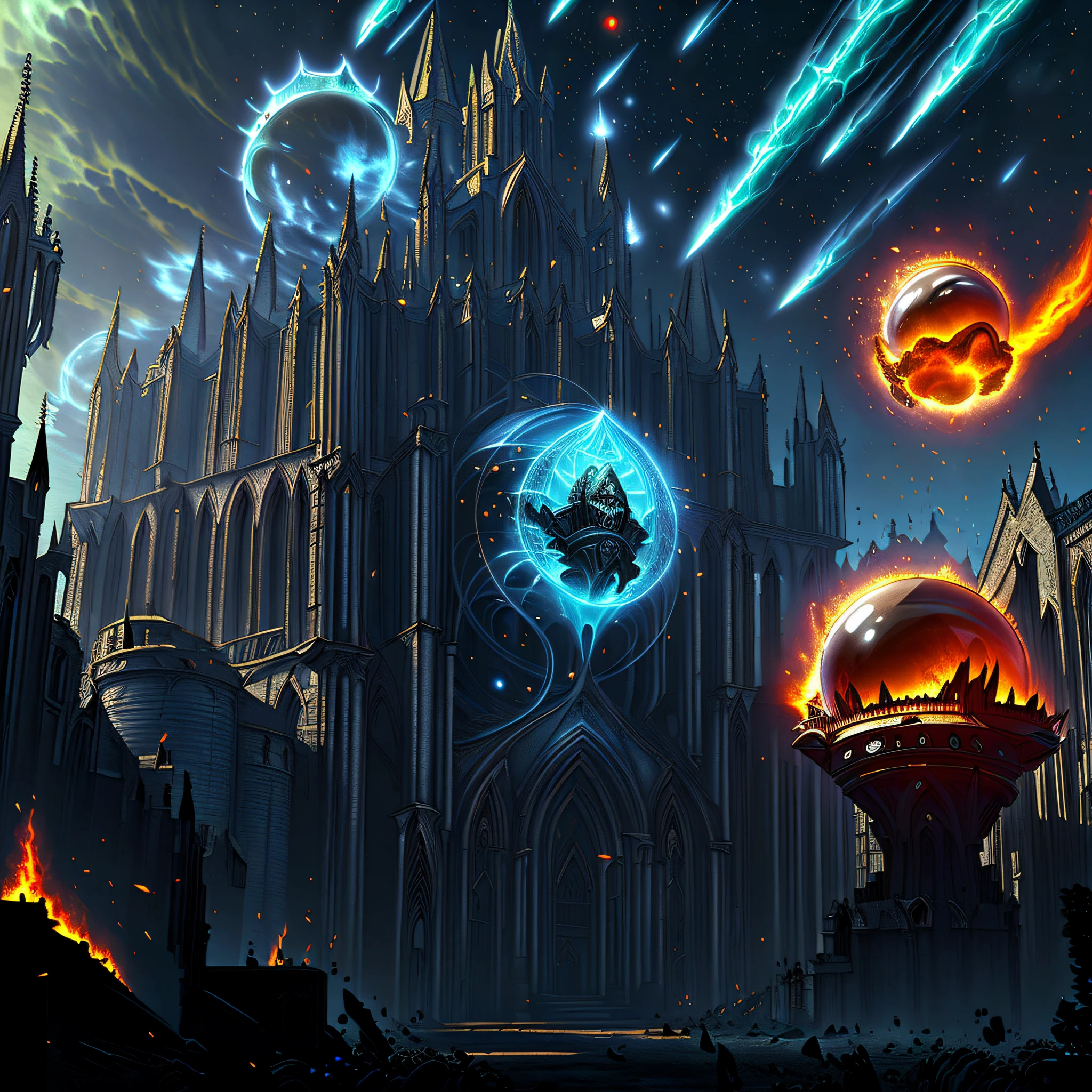 (android mechanical lich hovering above a gothic cathedral)=2.0, robot wings:Unholy Bioluminescent Flame,earnst haeckel, james jean. generative art, baroque, intricate patterns, fractalism, movie still, photorealistic, intricate, elegant, highly detailed, artstation, smooth, sharp focus, illustration, outrun, vaporware,epic wide angle shot, (monsters trapped in orbs of pure unholy celestial aura), angle from side, (Golden Death Mask) = 1.8, cinematic lighting, blank stare:yawning, (looking at viewer), {Masterpiece}, ((Massive Unholy blue flame meteors falling in background))=1.7, 1man