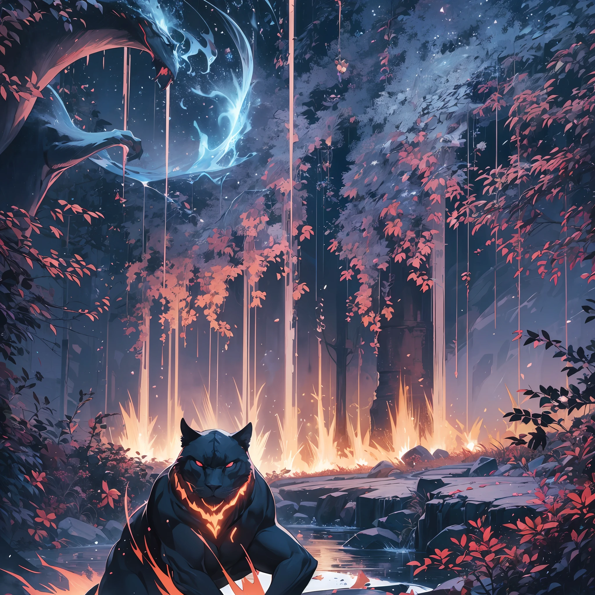 Compose an evocative depiction of a panther-like figure, exuding an ardent and restless energy. It gracefully moves through the open curve of her breasts, embodying the essence of primal instincts. The air is electrified with a celestial pleasure, akin to the prehistoric yearning of powerful, thirsty creatures. Convey the intense determination to pour oneself into her, like a burning ember, setting a steaming river ablaze. As the seed of desire ignites, visualize the protagonist consumed by fire, blood, and desperation. Finally, depict the illuminated meteor, an enchanting celestial wanderer, carrying them towards a realm of dreams and bathing them in luminous radiance -- realistic --ph --3d -- 16:9. --auto --s2