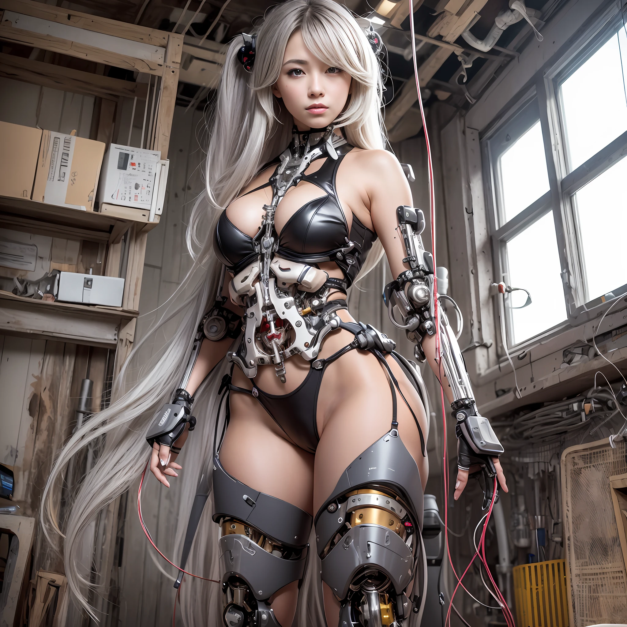 Beautiful Face,face is Japan, 1 Woman, Big, Curvaceous, (16k, RAW photo, top quality, masterpiece: 1.2), (HDR, Realistic, Photorealistic: 1.37) (tube attached to the body), (Bikini Cyborg robot parts)))), (light gray hair), Long hair, Wavy hair, Twin tails, Medium shot, ( Seductive smile)), (black eyes), double eyelids, princess cut, from below, (whole body),posing,,in the lab,( tube connected to blood vessel),((mechanical vertebrae attached to the back)),((mechanical neck attached to the neck)),(wire and cable attached to head and body),(character focus),science fiction,perfect female figure,perfect anatomy, hyperanatomy, full body shot, relationship between up to 4 fingers and 1 thumb, spherical joint,