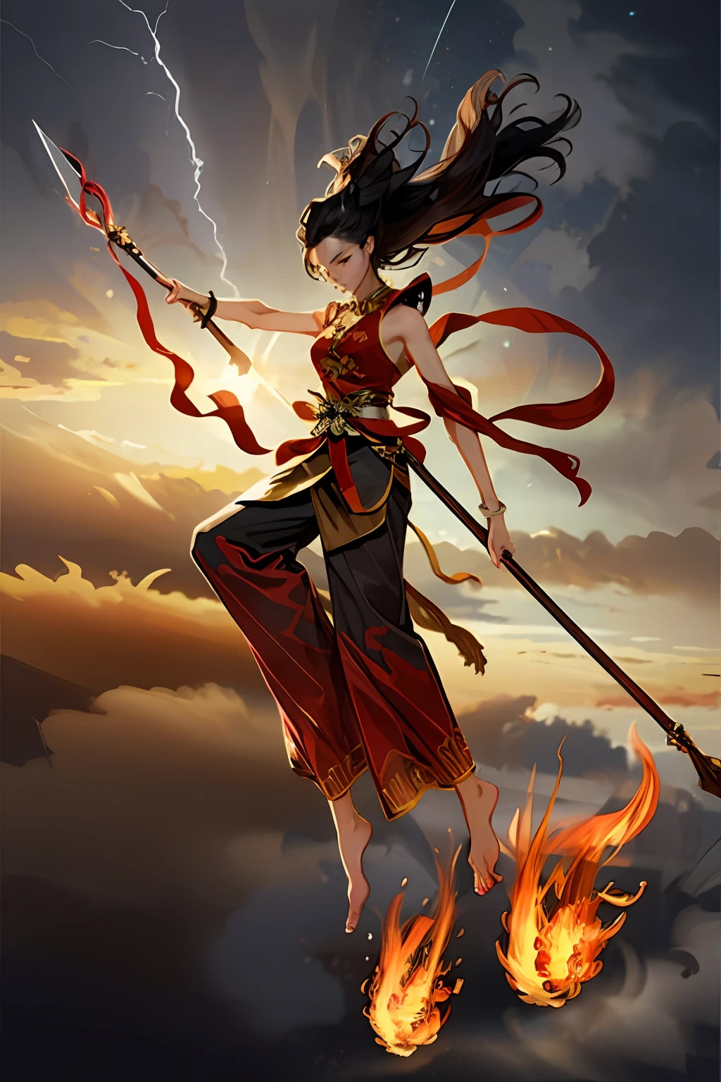 best illustration, realistic details, beautiful, seductive face, tanned skin, detailed skin,
detailed light, cinematic lighting, lens flare, light leaks, beautiful detailed glow,
((1girl, full body,solo)), cold face,nezha, holding spear, (flying), chinese mythology,detailed sky,tsunami,storm, abstract background, (flame_surge_style:1),(Elegant clothes:1.5)