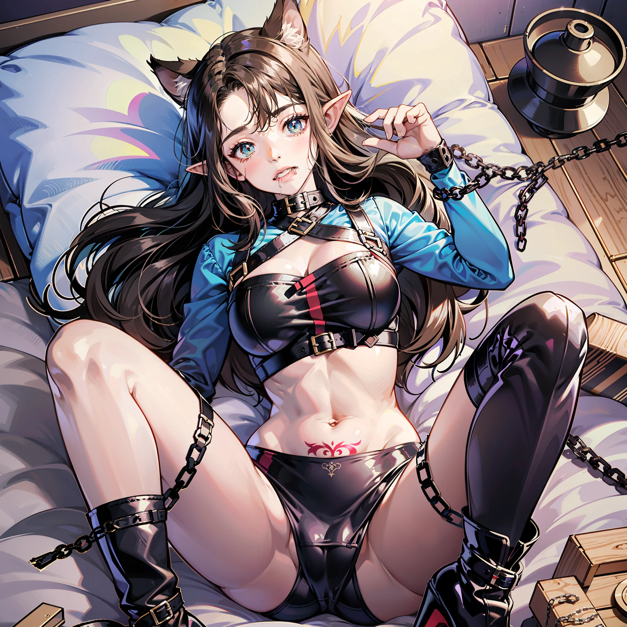 11-year-old beautiful girl wearing latex underwear, Panties and restraints，Lying on a midwifery bed，The chain is tied with iron chains, , Jade feet, Long hair, Blackface drooling eyes, Eyes of hope, ears of elf, Cat ears, Issuing, Cute tattoos，Large breasts，High-heeled boots