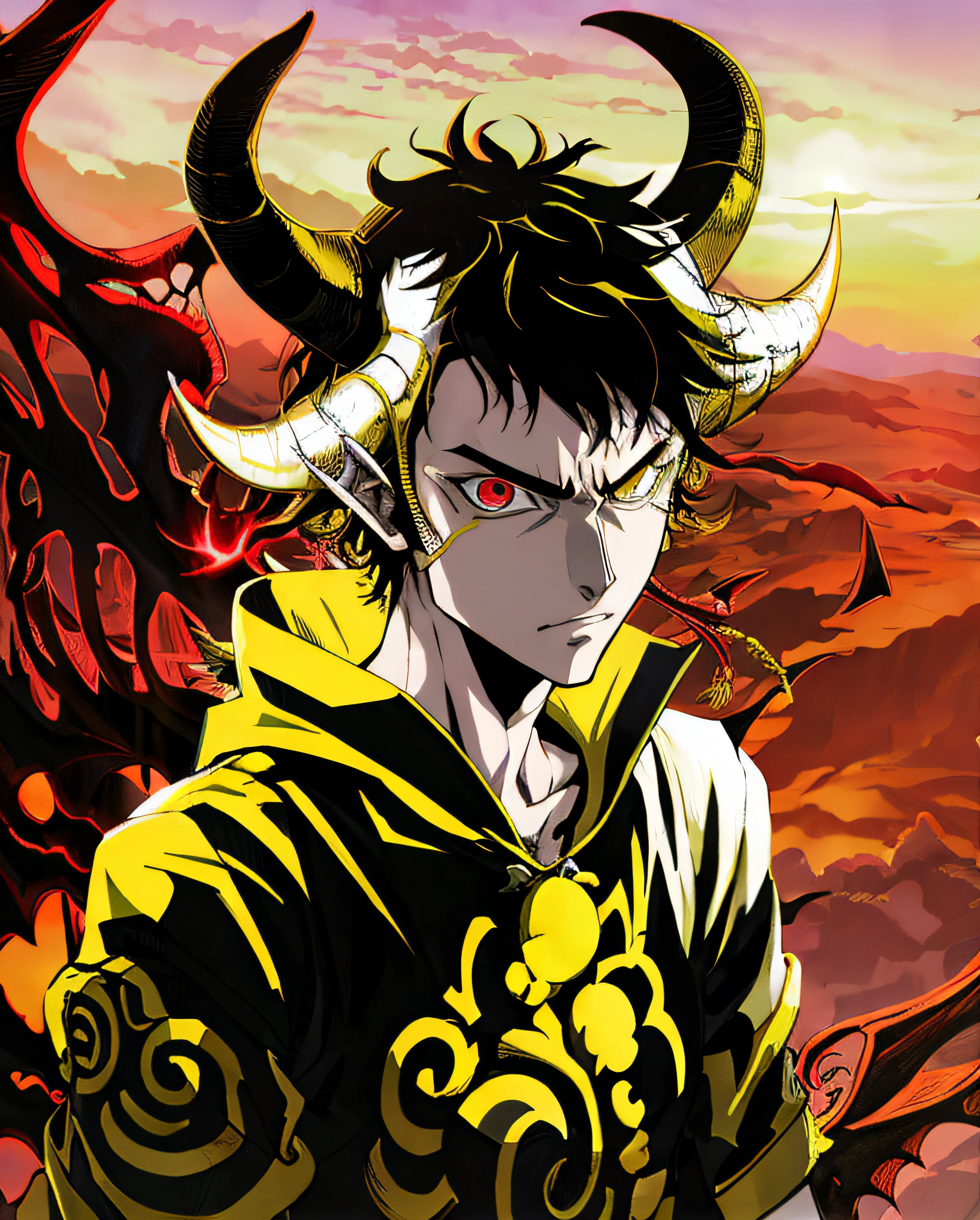 Anime character with horns and yellow hood standing in front of a sunset, arte chave do anime, Demon Boy, handsome japanese demon boy, cara bonito na arte demon slayer, kentaro miura manga art style, Gatilho Estilo de Arte de Anime, Devilman, Arte Oficial, the former demon king, com chifres, badass anime 8 k, Epic anime style, 4 k manga wallpaper , Poses alternativas --auto