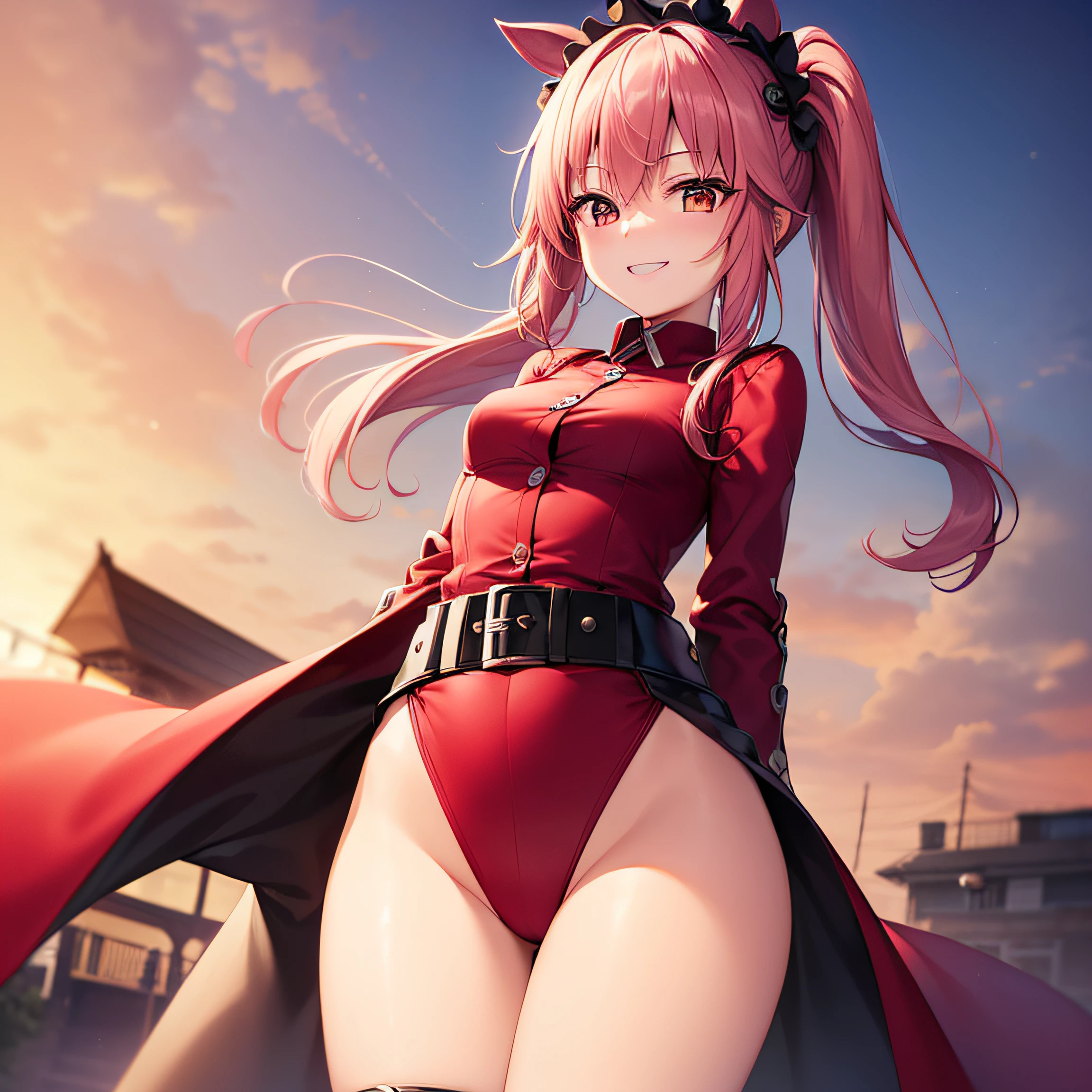 Top quality、extremelydelicateandbeautiful、((A girlis)、18 Jahre alt、(braunes Haar)、Red clothes with vertical buttons、Belt at the waist、Schwarzer Minirock、((poneyTail))、(pinkes Haarband)、(schwarze Stiefel)、Rotäugig、stehend、a smile、