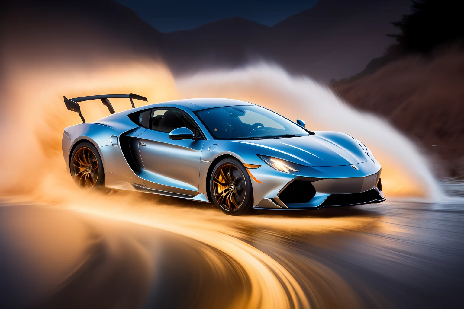 The golden supercar passes through the swirl of silver liquid,In f / 2.8,ISO 400 aperture and 1/The spectacle rendered at a shutter speed of 60 seconds captures the thrilling interplay of power with grace。The final render is polished using gamma correction and tone mapping,is a visually striking depiction of kinetic and hydrodynamic energy,Inspired by the work of Alex Roman and Bipple。
