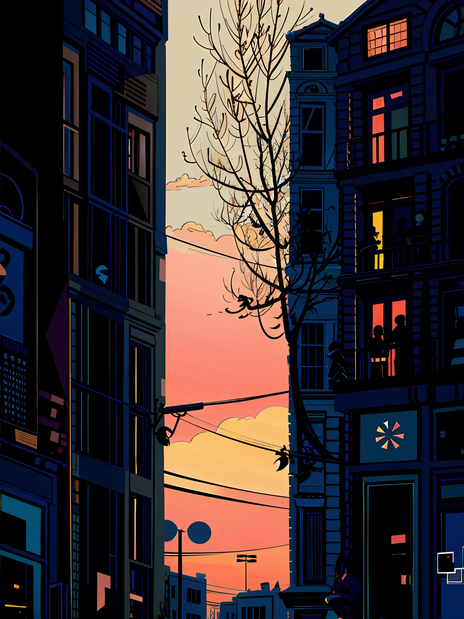 trees and buildings in the background，Sunset in the distance, sunset illustration, calm evening. Digital illustration, low details. Digital painting, City sunset, Twilight ; Digital painting, sunset with falling leaves, twilight in the city, twilight city on the background, city twilight landscape, Desolate. Digital illustration, in style of digital illustration, Sunset