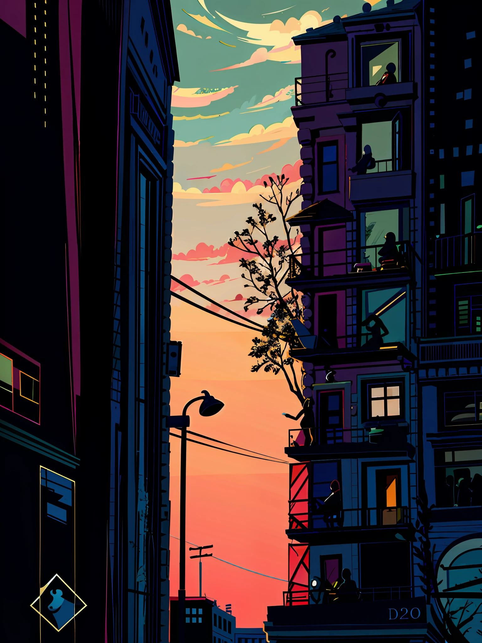 trees and buildings in the background,Sunset in the distance, sunset illustration, calm evening. Digital illustration, low details. Digital painting, City sunset, Twilight ; Digital painting, sunset with falling leaves, twilight in the city, twilight city on the background, city twilight landscape, Desolate. Digital illustration, in style of digital illustration, Sunset