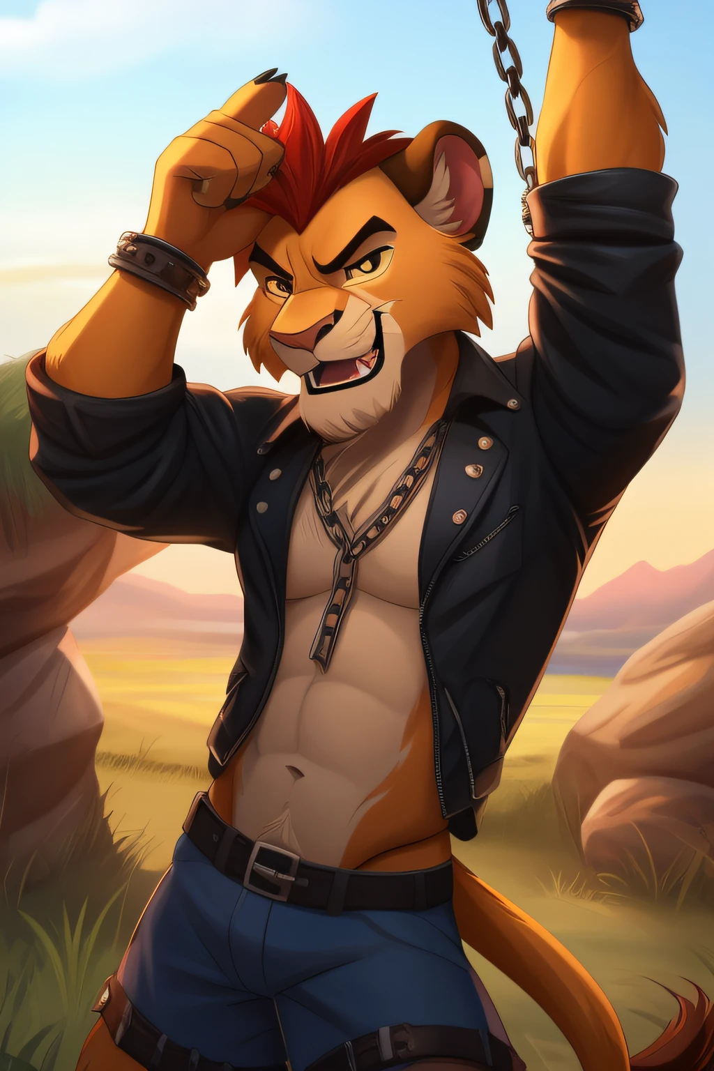 character kion ((perfect anatomy)), lion,  boy, anthro, movie the lion guard, disney, wearing punk clothes, angry face, big smile, sexy pose, 2d, chain