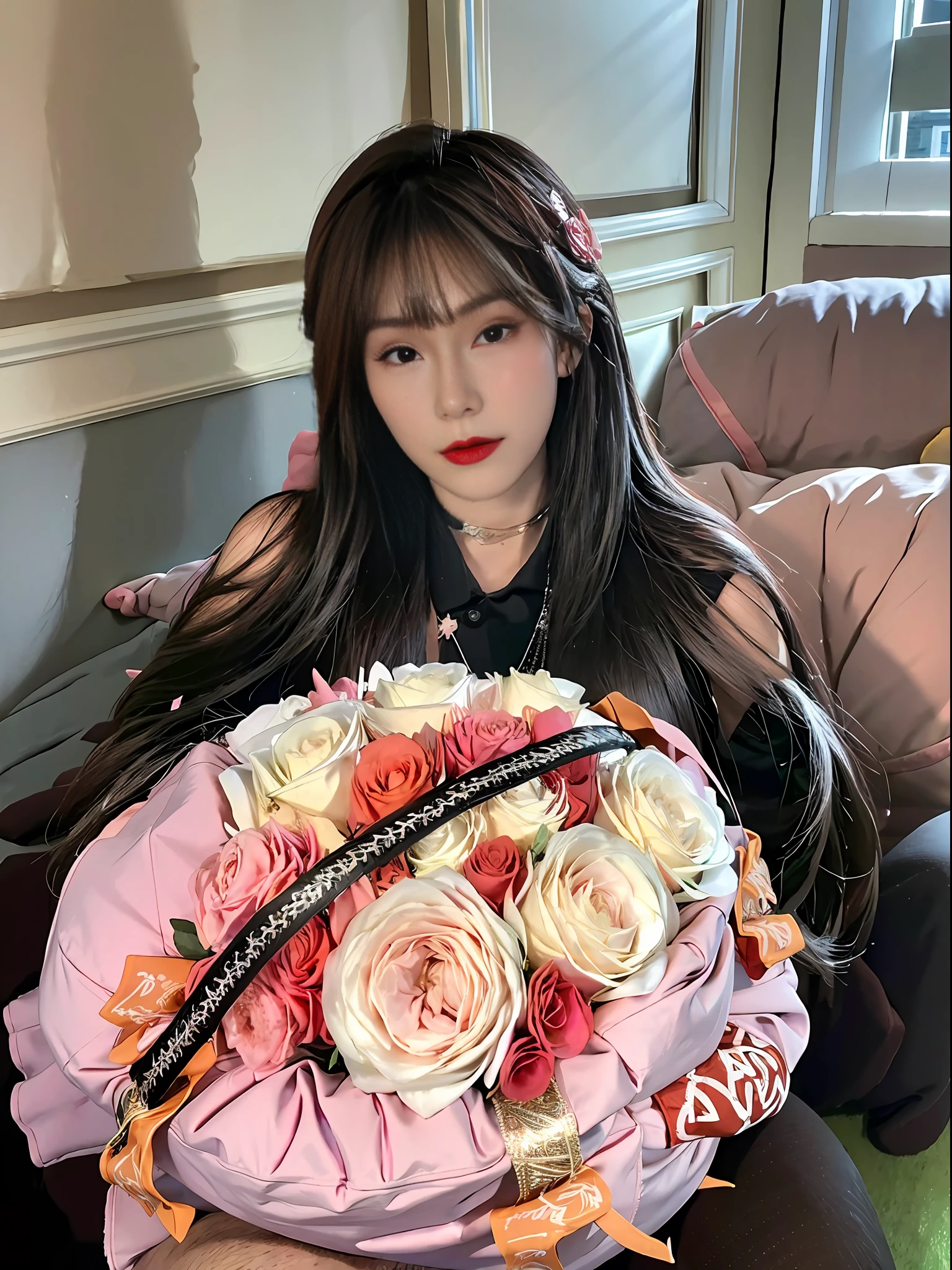 woman holding a large pink rose bouquet, wearing a black dress, tumblr, with flowers, jossi of blackpink, jinyoung shin, sun yunjoo, heonhwa choe, crown of mechanical peach roses, bouquet, cheeryblossom, realistic, HDR, highly detailed, raw photo, ambient occlusion, natural, harmonious composition, warm tones, fine art photography, romanticism, Fujicolor, 8k