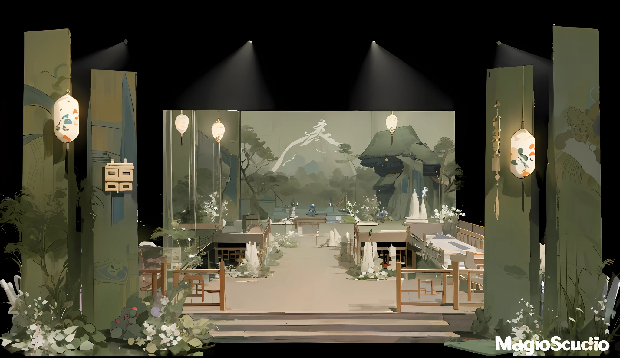 There is a stage with a stage and a stage with a stage set, backside of scenography elements, detailed set design, Set design, stunning arcanum backdrop, theatrical scenery, inspired by Huang Tingjian, inspired by Itō Jakuchū, inspired by Tang Yin, Inspired by Ma Yuan, Beautiful rendering of the Tang Dynasty, Background with --auto