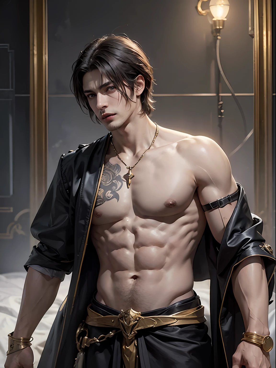 (More than half body), 1man, king of Frost, solo focus, adult, pale and young adult face, short black hair, black silk robe with golden lining, realistic, dynamic pose realistic, detailed and correct facial structure, half-naked, lying on the bedsheet, slightly smirk, blades ornaments, LEON S. KENNEDY, handsome, attractive, slightly muscular, cinematic lighting, unreal engine, trending on ArtStation, intricate details,  masterpiece, best quality, by Irakli Nadar, Greg Rutkowski，(((best quality))),(((ultra detailed))),(((masterpiece)))