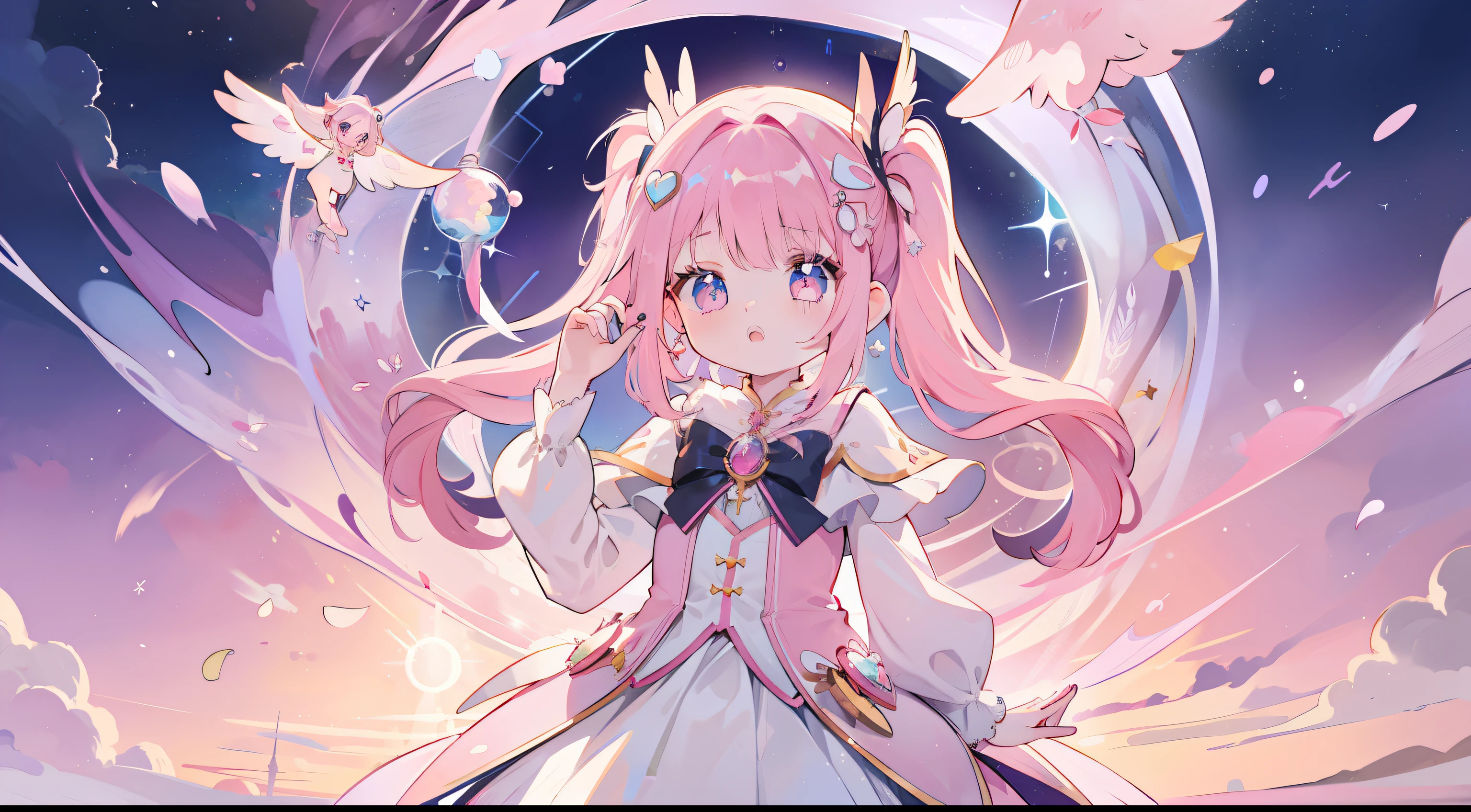 One girl、magical little girl、​masterpiece、top-quality、Top image quality、cute little、A pink-haired、long twin tail hair、Magical Girl Costumes、magia、uses magic