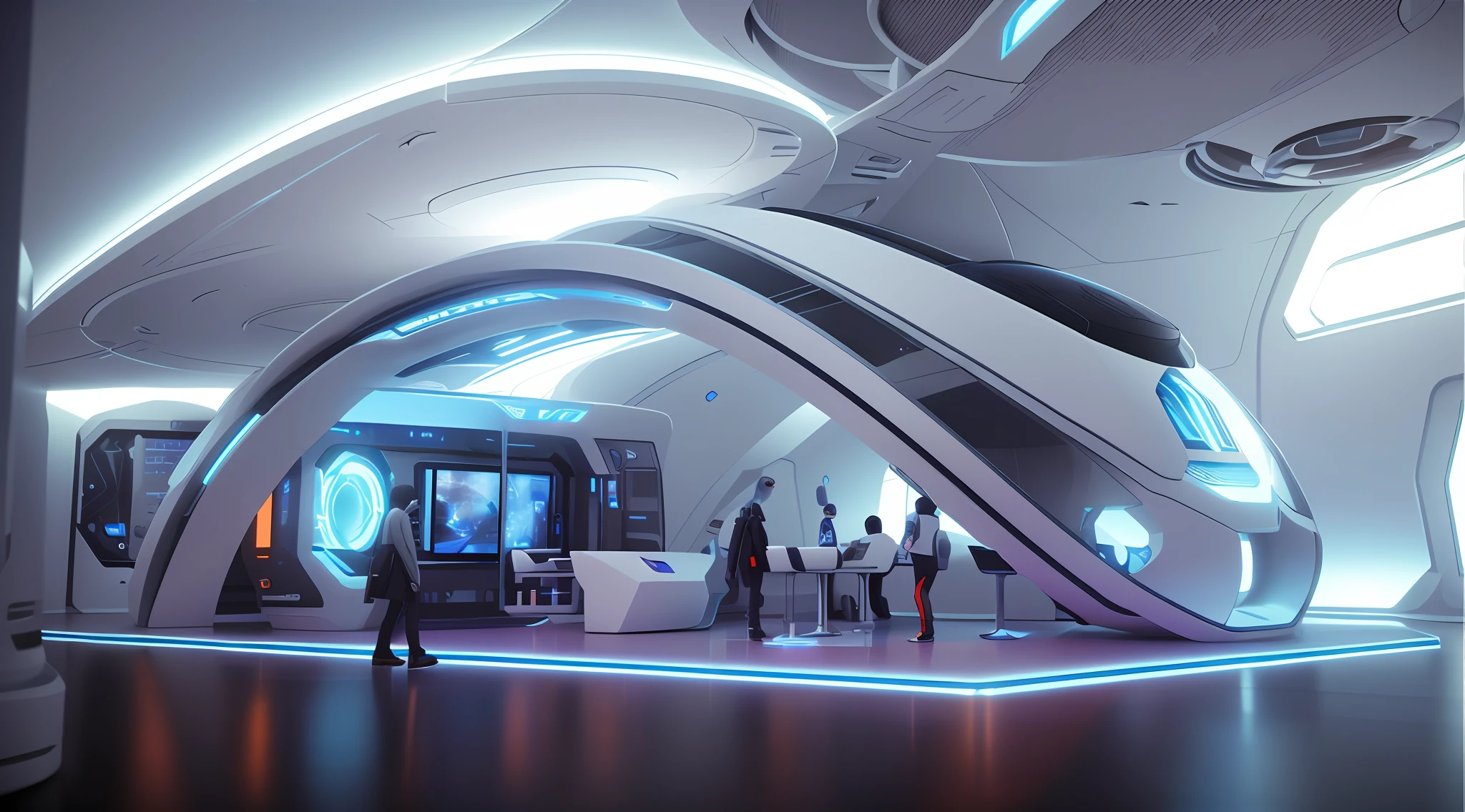 "(Futuristic interior close-up with exaggerated structure), 3D iOS room:1.2, Public exhibition hall，product showcase，Technologie，Creative concept:1.1, Cyber:1.2, scifi platform:1.1, 3d 8k render, 8K artistic rendering, Mix brightness:0.9, Color mixing:0.9)" 3d concept render, 3 d concept render, futuristic architecture concept, 3d cgi render