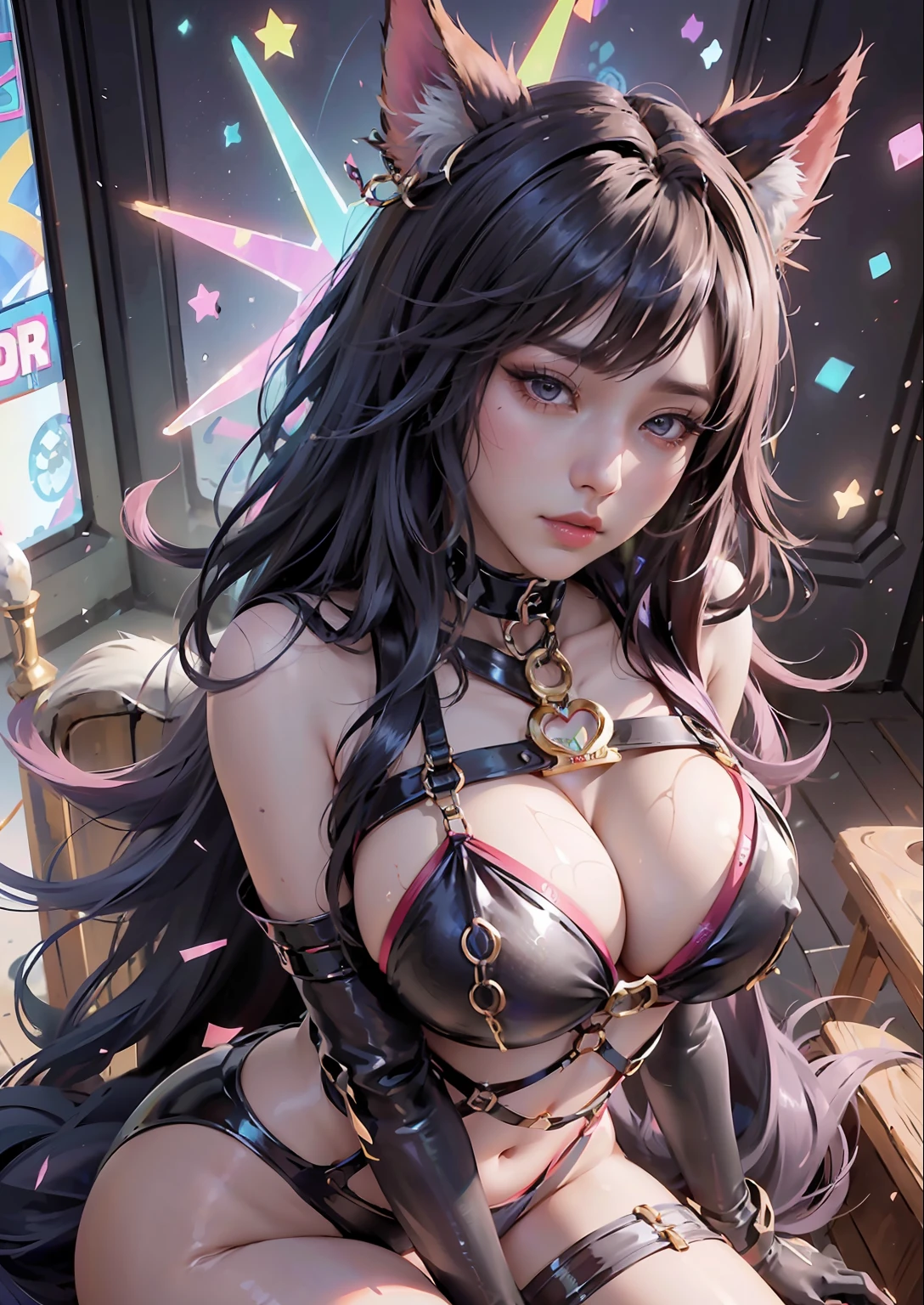 1 girl, Beautiful photorealistic Prestige KDA all out Ahri from League of Legends blushing, string bikini armor, Shibari, blindfold, electric chair, major cleavage, breast indentation, Ahri inside a Runeterra prison, slave collar, chain around her neck, roleplay bdsm, high fantasy, gravure, lewd, busty, highly detailed, 8k, high resolution, solo, big juicy lips, thick juicy thighs, makeup, large shiny breasts, gloves, looking at viewer, photorealistic, Cinema 4D, octane render, innovative, sexy, curvy but slender, mystical aura, smokey mist around Ahri, illuminati style, use advanced machine learning to create the perfect succubus waifu Ahri alone sitting in an electric chair, exposed camel toe, vice magazine photography style, trending on Pixiv, trending on civitai, perfect composition, sfw, professional quality, unreal engine