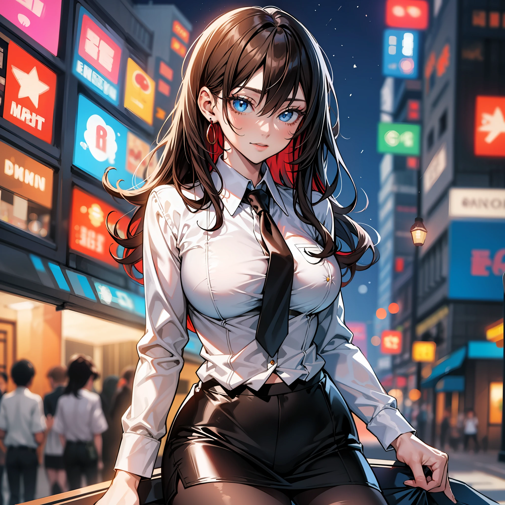 Bewitching anime 28-year-old busty woman in blue suit and tight skirt、Black tights,Inviting look、Show off your chest、Shirt and brown hair,Ecchi anime style,Kamimei,Red Light District at Night,neons、Bokeh in the background