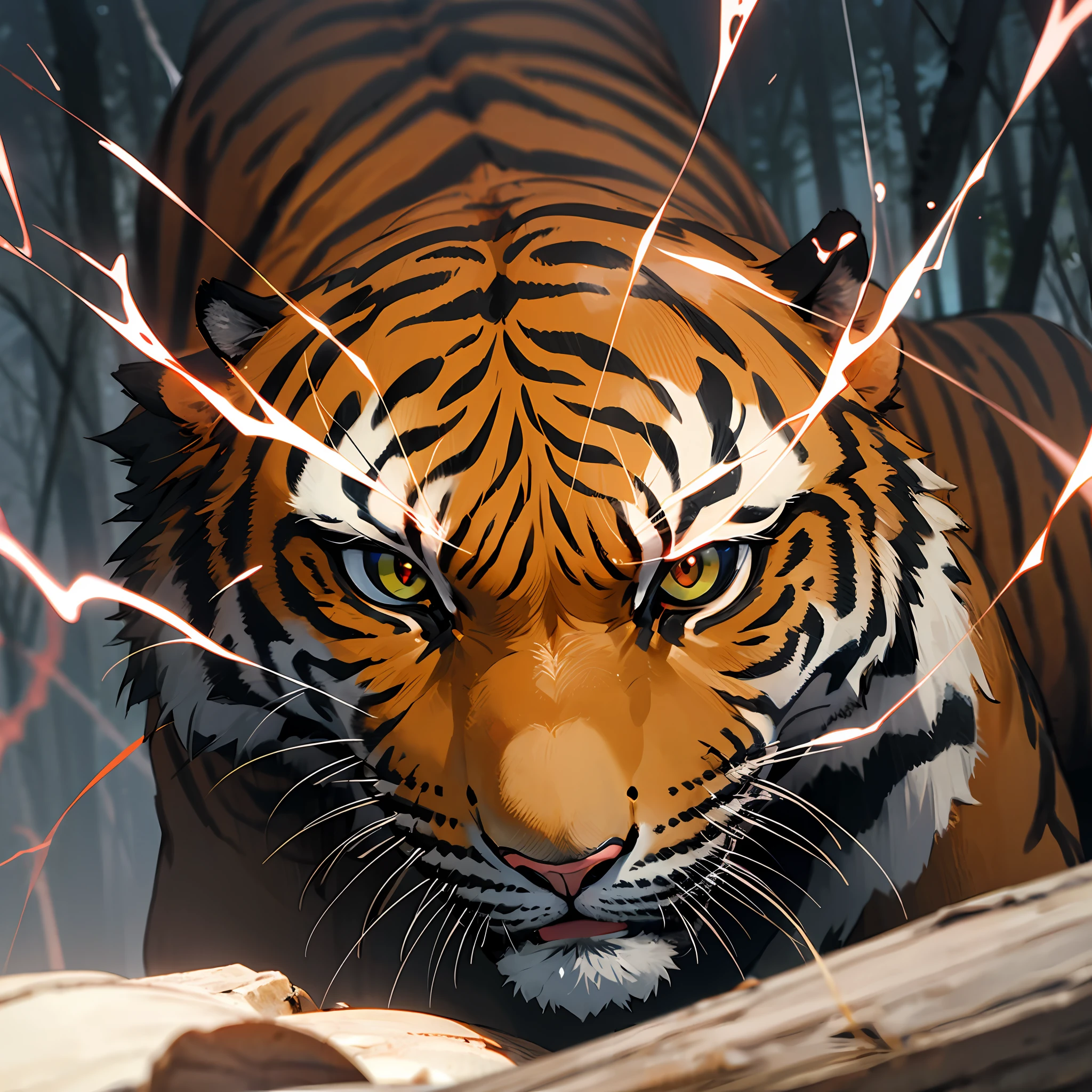 closeup a tiger in a dark forest, red glowing eye, black and yellow stripe in body, thunderstorm atmosphere, 4k photo 3d, ultra HD