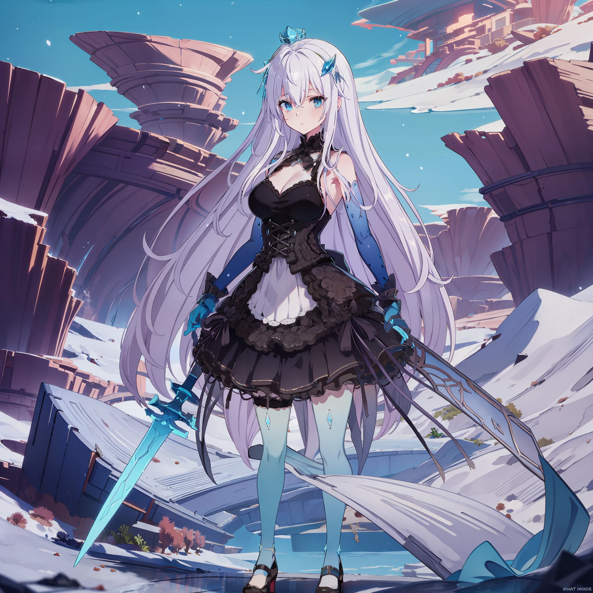 Woman, white hair, steady gaze, white blue dress, wearing a snow crown, Standing on top of the iceberg, wielding a huge sword