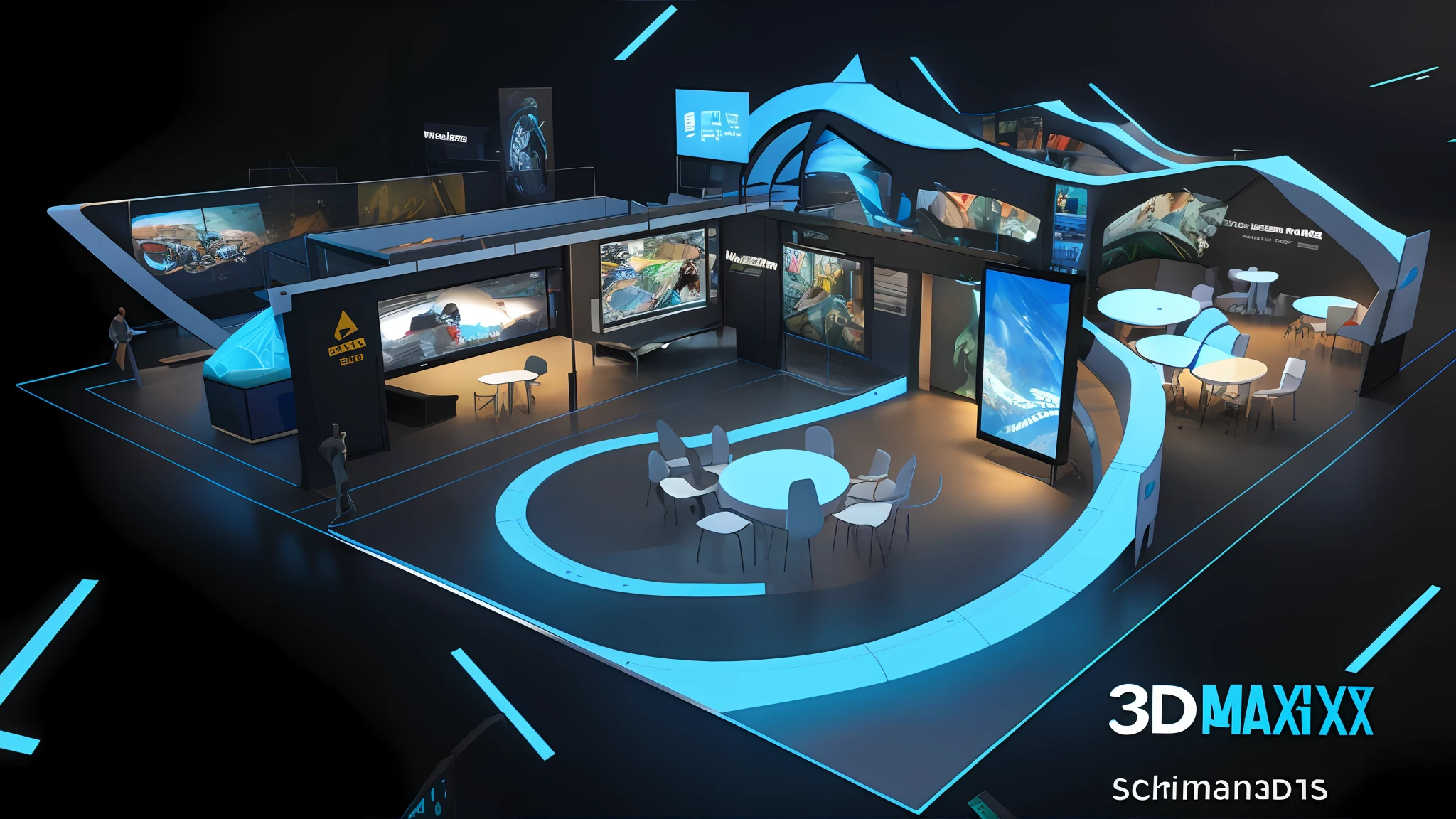 Booth renderings with large display, Simplified,distinct,Clear,Photogenic,Realistic,virtual set, exhibition hall lighting, expert design, large commercial led screens, A digital rendering, large led screens,Complex spaces,The white,Huge space for Ymax rendering,, A digital rendering, Future technology showcase, extreme render, 3ds Max, 3 ds max, finalrender,Detailed reflective painting by senior environmental artist,Inspired by 3D renderings by Syd Mead, number art, A futuristic, sci-fy, scifi room, Futuristic Indoor, Sci-fi Engine Booth, Futuristic setting, Octane rendering sci-fi, Cyberpunk showroom, surreal sci fi set design,shutter,afofuturism,Futuristic showroom