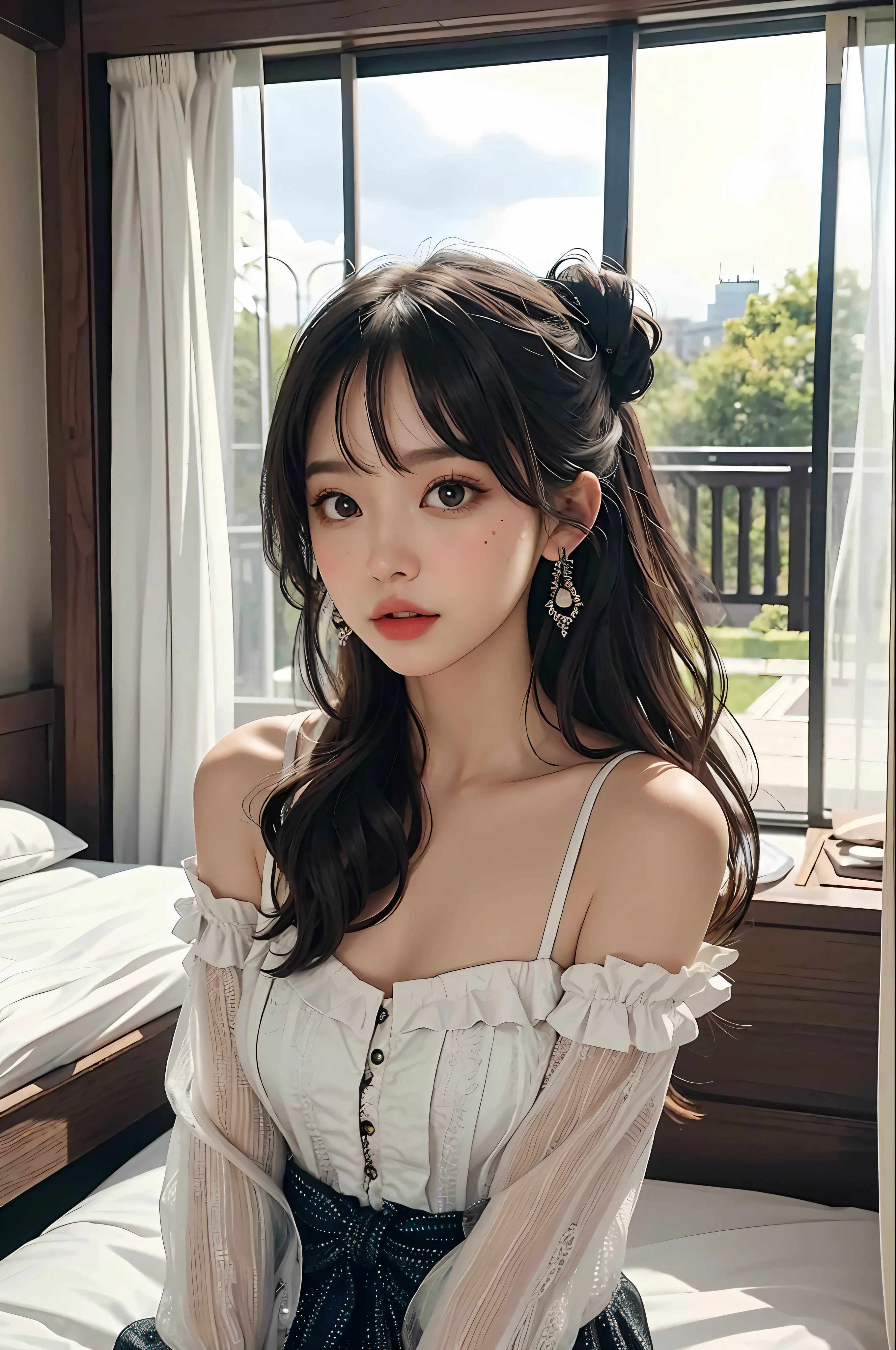 （8k， 4k， best qualtiy， A high resolution：1.2）， （maasterpiece， realisticlying， photograph realistic：1.37），（tmasterpiece，best qualtiy，Beautiful quality，Photorealsitic，looking at viewert，Detailed lighting，Delicate complexion， The upper part of the body， Small of breast，plumw,,, onbed， two sides up，Absurdly long hair，brunette color hair，Black hair，By bangs，hair adornments，Bow knot， 年轻，Getting older，Extremely detailed teeth，shadowing，8K：1.2），（photograph of a woman，1girll：1.2），
