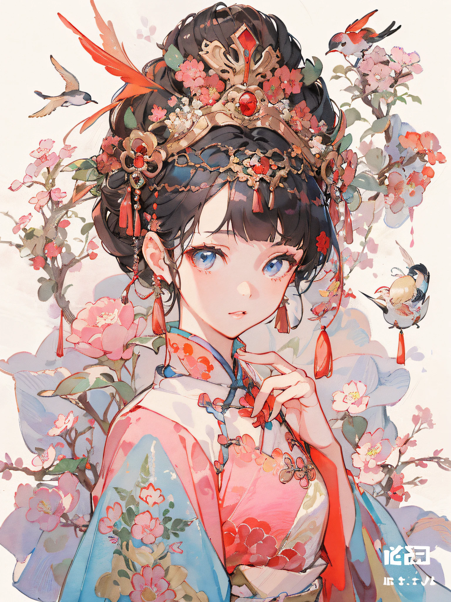 Anime girl with oriental hair and red and blue dress, Palace ， A girl in Hanfu, China Princess, Guviz, Guviz-style artwork, A beautiful artwork illustration, Chinese style, Chinese watercolor style, trending on artstration, Beautiful character painting, ((a beautiful fantasy empress)), Guweiz in Pixiv ArtStation