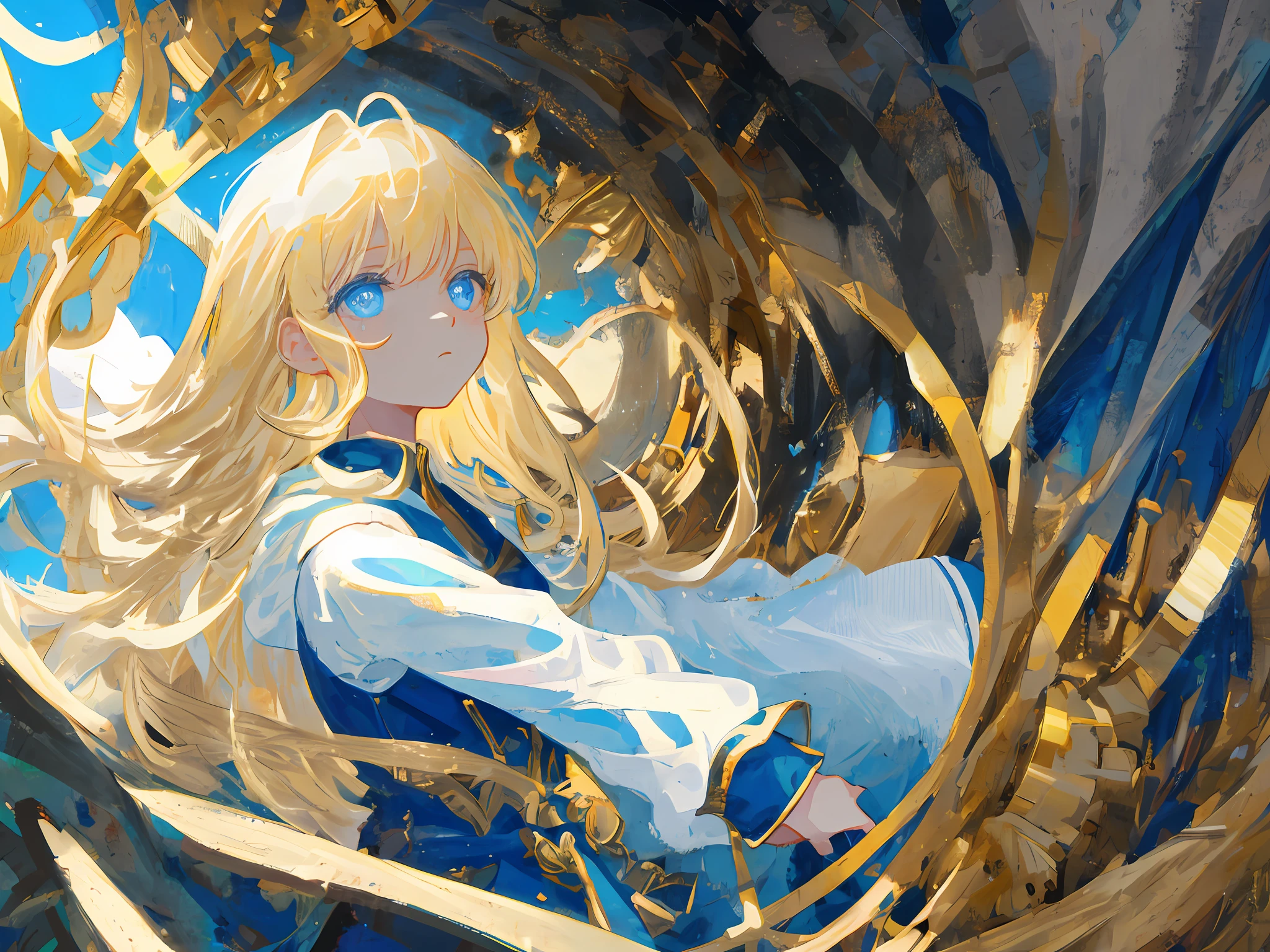 masterpiece, Best quality at best, Ultra-detailed, illustratio, close-up, straight, sface focus, 1girll, Long blonde hair, Brass, blue eyess, tranquil expression, white shirts, Prayer Room