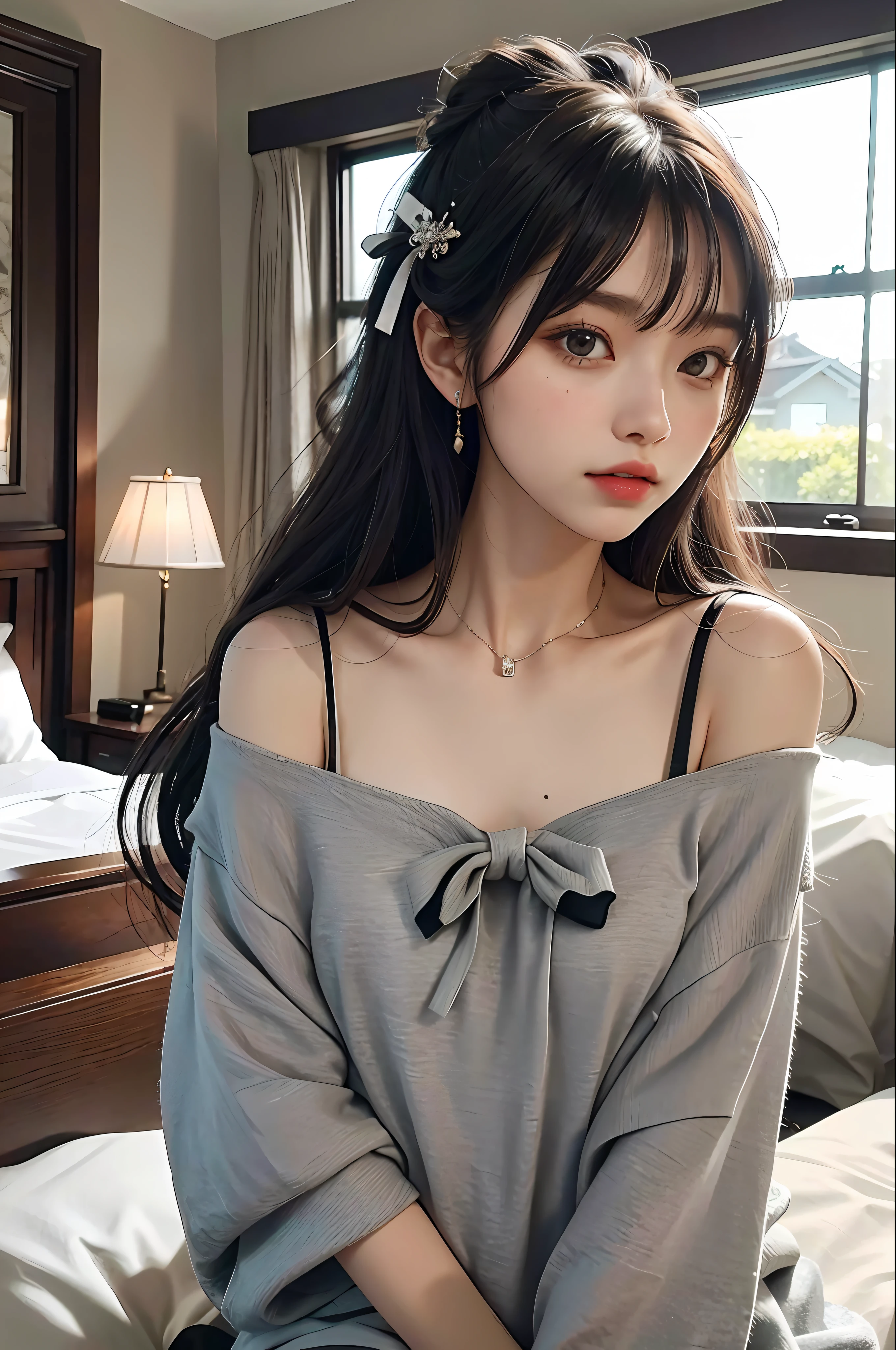 （8k， 4k， best qualtiy， A high resolution：1.2）， （maasterpiece， realisticlying， photograph realistic：1.37），（tmasterpiece，best qualtiy，Beautiful quality，Photorealsitic，looking at viewert，Detailed lighting，Delicate complexion， The upper part of the body， Small of breast，plumw,,, onbed， two sides up，Absurdly long hair，brunette color hair，Black hair，By bangs，hair adornments，Bow knot， 年轻，Getting older，Extremely detailed teeth，shadowing，8K：1.2），（photograph of a woman，1girll：1.2），