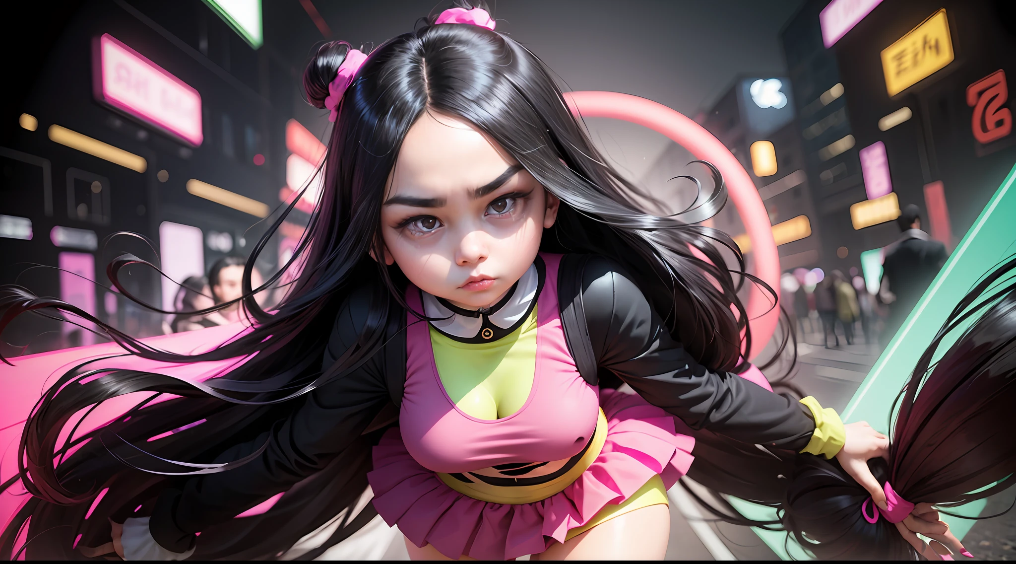 Woman with long black hair,Pigeon egg face,Big eyes,The face is a little fat,Wearing a fuchsia midskirt,Tops JK suits,Walk the neon streets,With a petite figure,Playful personality,quadratic element,2K clear --auto