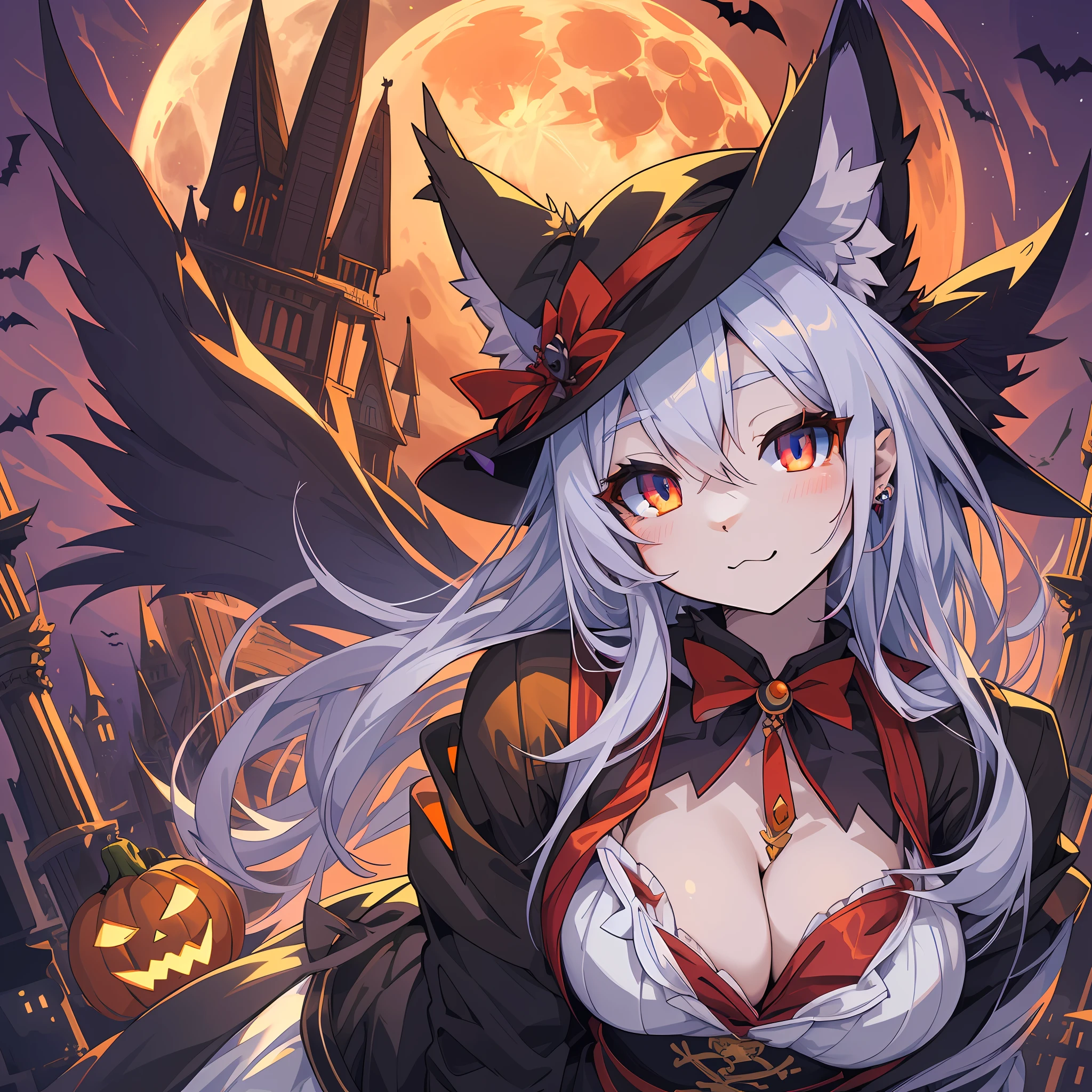 (epic, dynamic angle)top quality, best quality, High-quality illustrations, masterpiece, While creating a Halloween atmosphere, vampire with furry elements, (kemono, super cute girl, solo focus)(furry anthro)(highly detailed beautiful face and eyes)absurdres, perfect anatomy, Scene of a red full moon with a strong horror color,
