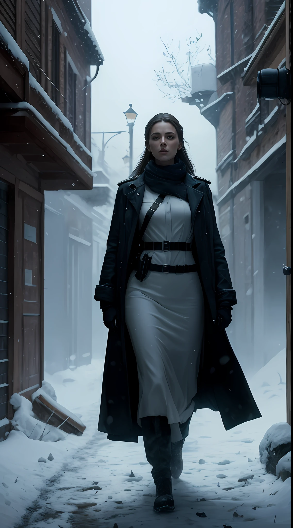 A beautiful Italian army woman in a white uniform in a blizzard, Seios enormes, foco nítido, Studio photo, detalhes intrincados, altamente detalhado, profundidade de campo, foco nítido, High detail, textura de pele realista, Realistic, fotorrealista, Arte Digital, tinta escura, Directed by: Greg Rutkowski