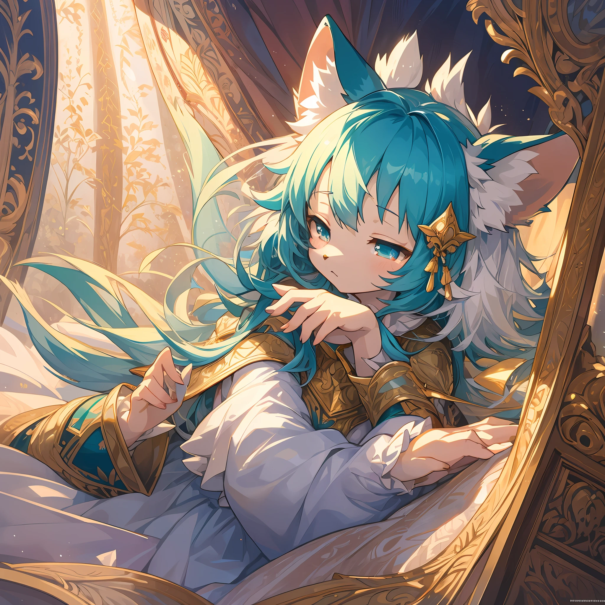 Sleepy princess in canopy bed, Luxurious interior, Reach out towards us, Detailed depiction of details, Beautiful light production, Delicate color expression, Dreamy atmosphere, (kemono, super cute girl, solo focus)(furry anthro)(highly detailed beautiful face and eyes)absurdres, perfect anatomy, Have a nostalgic background, High-resolution and clear illustrations, Reminiscent of the world of fairy tales, Elegant and dramatic scenes, seductiv,