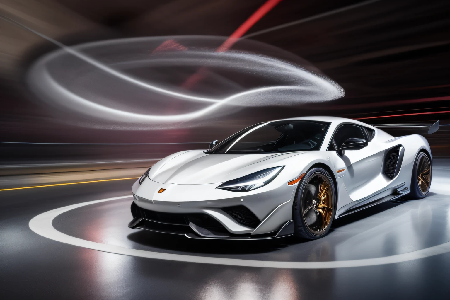 The golden supercar passes through the swirl of silver liquid，In f / 2.8，ISO 400 aperture and 1/The spectacle rendered at a shutter speed of 60 seconds captures the thrilling interplay of power with grace。The final render is polished using gamma correction and tone mapping，is a visually striking depiction of kinetic and hydrodynamic energy，Inspired by the work of Alex Roman and Bipple。