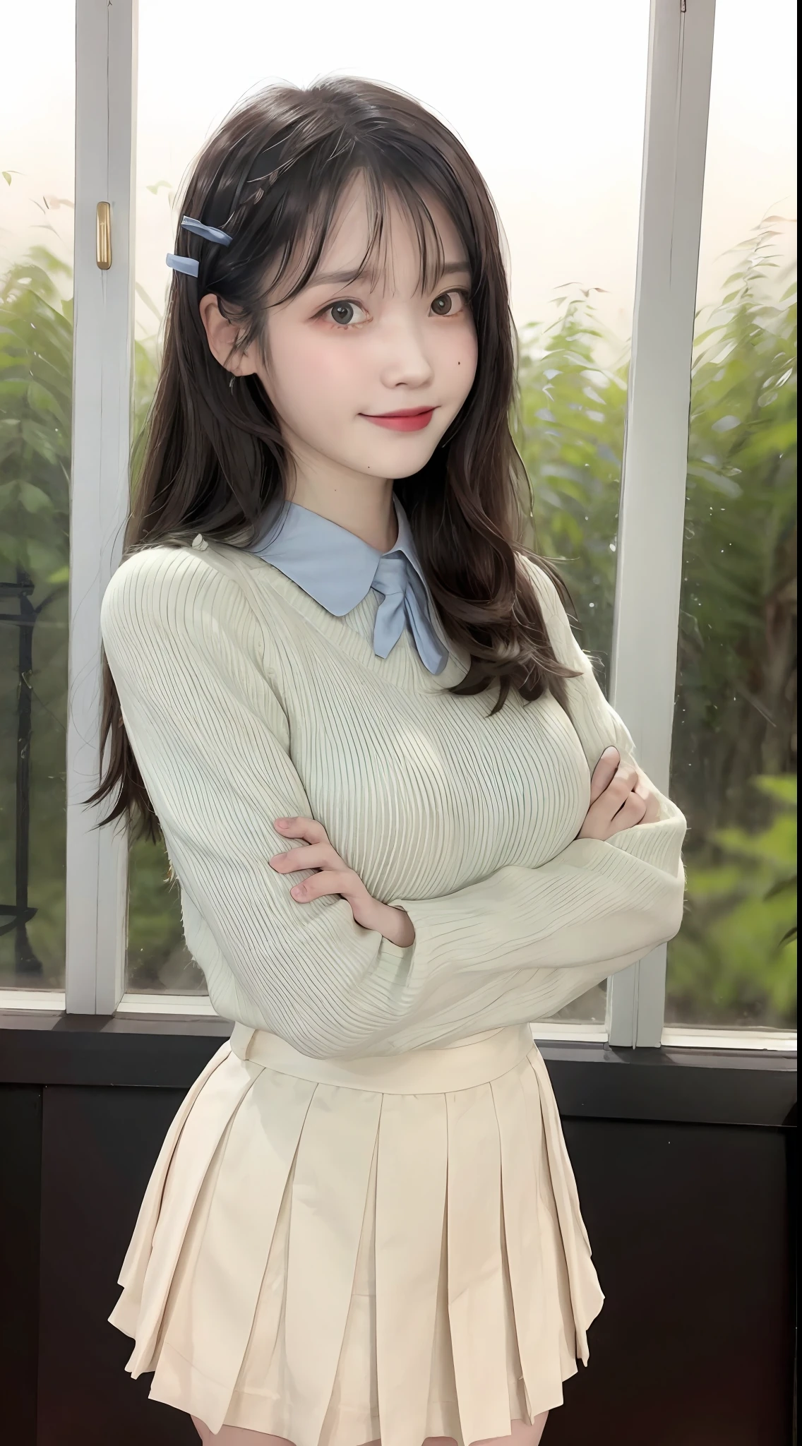 8k, best quality, real picture, complex detail, super detail, ultra high resolution, depth field, (realistic, realistic:1.2), masterpiece, 0.25 :: close-up , direct shot, from Middel ,
1 girl, ai_chan, a very beautiful 17 year old girl, big innocent eyes, (Brown_SHORT_hair), (GREEN_eyes:1.0), (bangs), messy hair, (hairpins), perfectly shiny skin, flawless skin, fair skin, huge breasts, narrow waist, light blush, solo, looking at the audience, light smile,
Chubby, sweaty under clothes,
Wear (school_uniform), (white_skirt), (BLUE_Long_Tie), (BLUE_pleated_skirt), (Black_pantyhose): 1.2,
(Gravure pose: 1.1),
sunset
High schools in Japan,