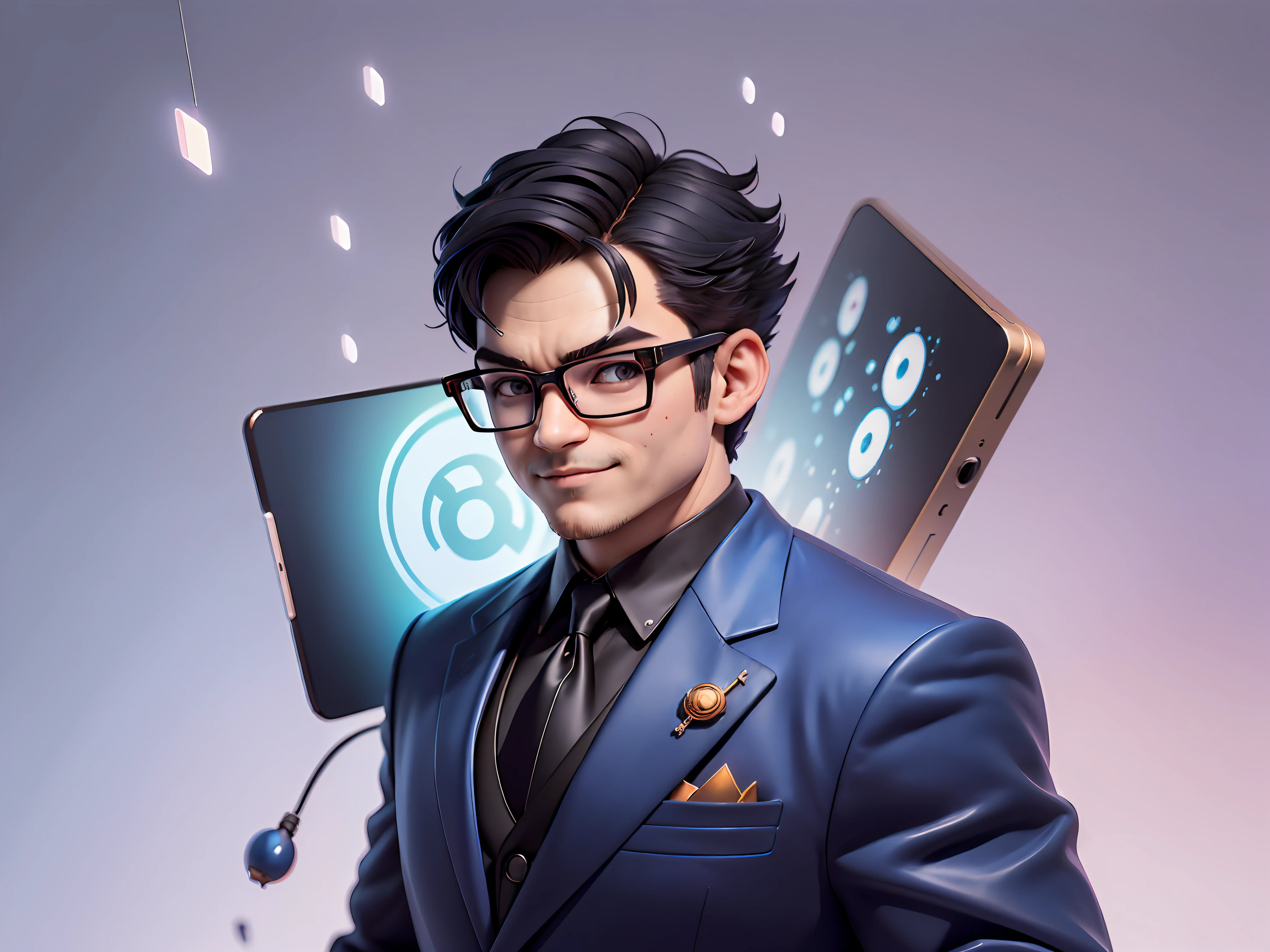 (((Masterpiece), (Excellent), (Super Meticulous), (Full Body: 1.2), Super Young Man, Oriental Face, Japanese Wind and Thunder God, Dragon, Tiger, TV Anchor, Bust Portrait Illustration, Alone, Black Formal Suit, Blue Tie, Slightly Chubby Face, Silver Glasses Face Very Clean No Beard, Black Super Short Hair, Black Eyes, Confident Smile, 3c Computer Sub-Products, iPad, iPhone, Digital Painting, 3D Character Design by Akira Toriyama and Mark Claireden and Pixar and Hayao Miyazaki, The illustration is a high-definition illustration in 4K resolution with very detailed facial features and cartoon-style visuals.