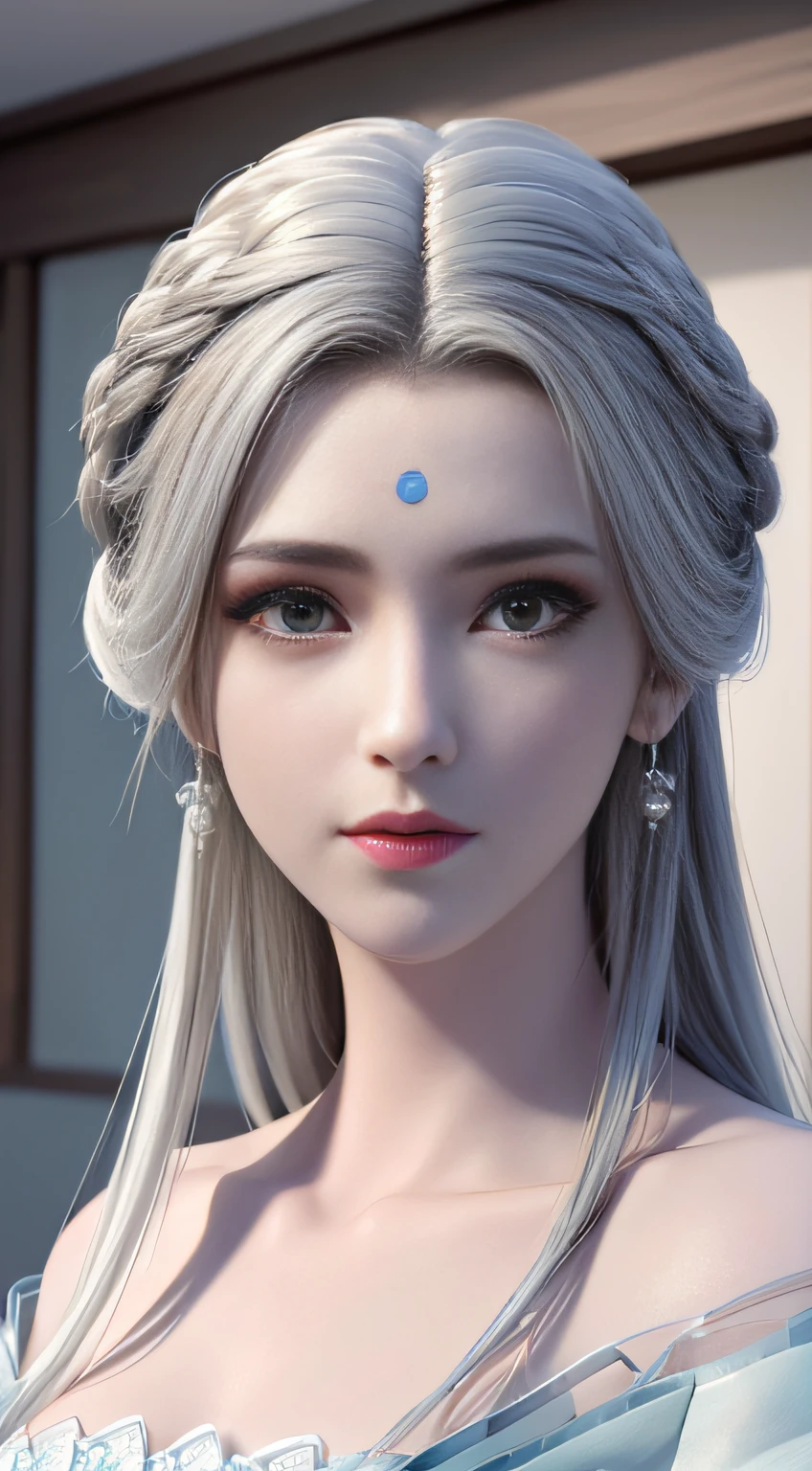 (best quality, masterpiece:1.2), ultra high res, realistic, front lighting, intricate detail, Exquisite details and textures, 1girl, solo ,(young), face highlight, upper body, detailed face, tear mole, white skin, silver hair, ponytail, braid hair, looking at viewer, big eyes, silk robe, (hollow pattern, white, silk), earrings, small breasts, slim body, luxury room, professional lighting, photon mapping, radiosity, physically-based rendering,