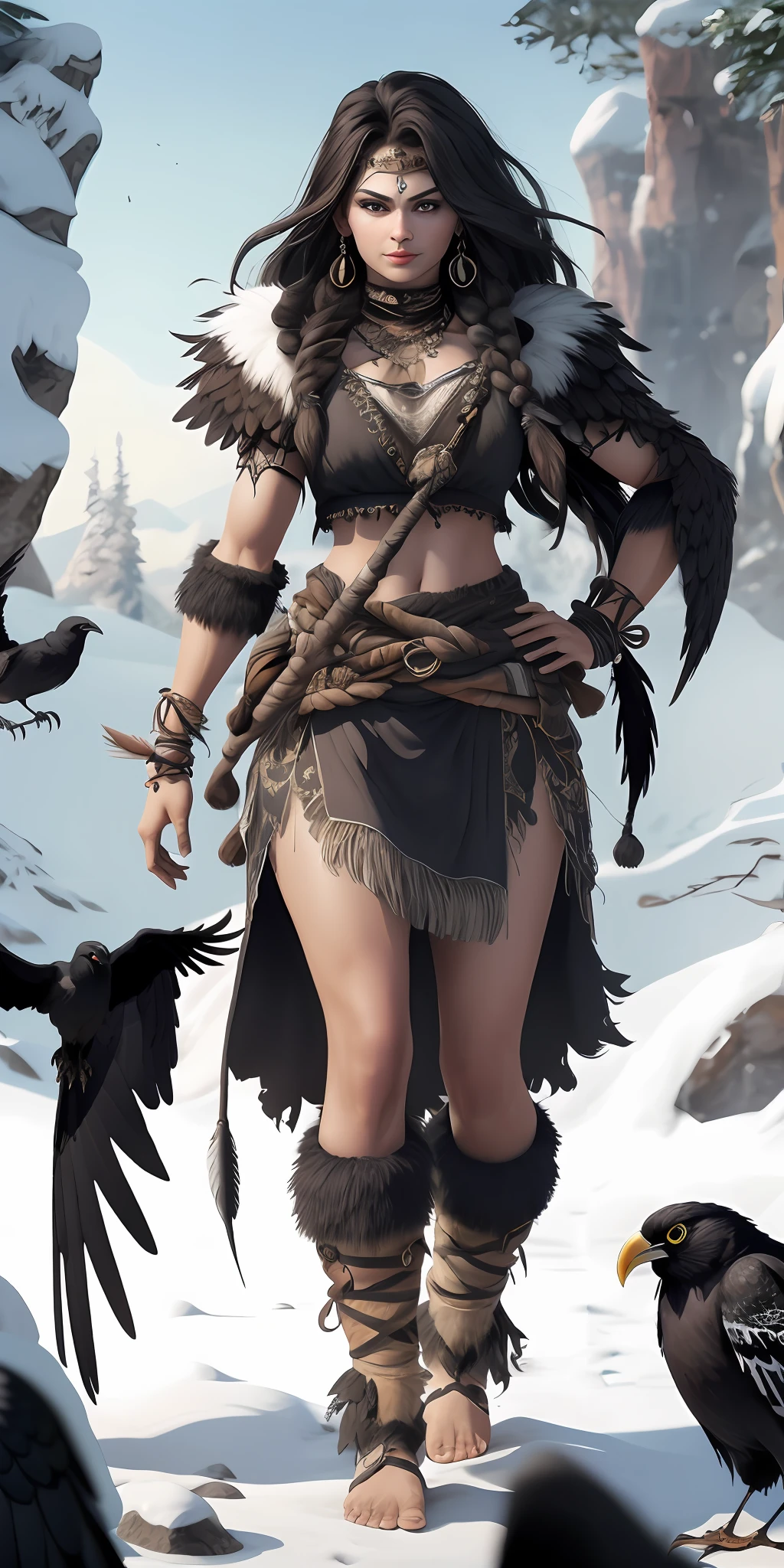 (1 Beautiful girl in the North)，（Full body like），Stone Age，Primitive barbarian style，long leges，cawing ravens，feather-adorned，highly details eye，详细的脸，Nature, Black color hair, Cane made of bone，white backgrounid，character concept, character art，tmasterpiece，best qualtiy，Best resolution，8K