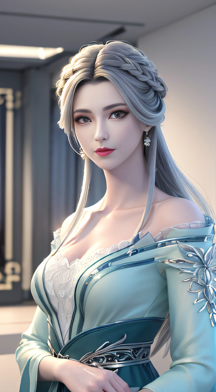 (best quality, masterpiece:1.2), ultra high res, realistic, front lighting, intricate detail, Exquisite details and textures, 1girl, solo ,(young), face highlight, upper body, detailed face, tear mole, white skin, silver hair, ponytail, braid hair, looking at viewer, big eyes, silk robe, (hollow pattern, white, silk), earrings, small breasts, slim body, luxury room, professional lighting, photon mapping, radiosity, physically-based rendering,