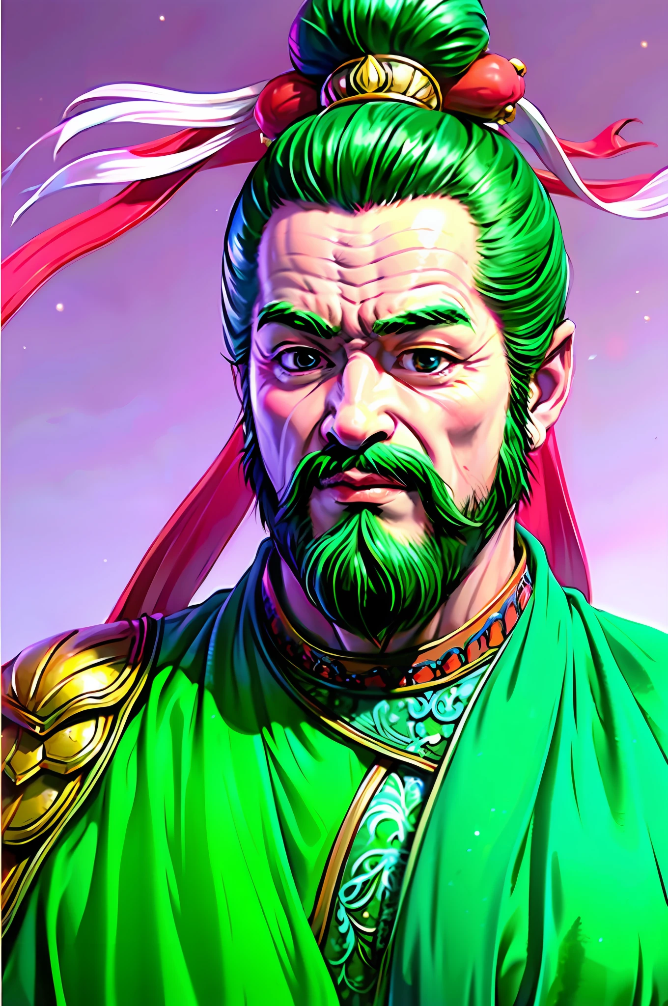 (8K, RAW photo, Best quality, A high resolution:1.2), (Realistic, photo-realistic:1.37) , Chinese men, Chinese, Beard, Facial_Hair, Old, Old_Man, The beard is white, 1boy, Male_Focus, Wrinkled_skin, Solo,Chinese_clothes, Long_Sleeves, mitts, Grey_Background, topknot,Armour,drak。