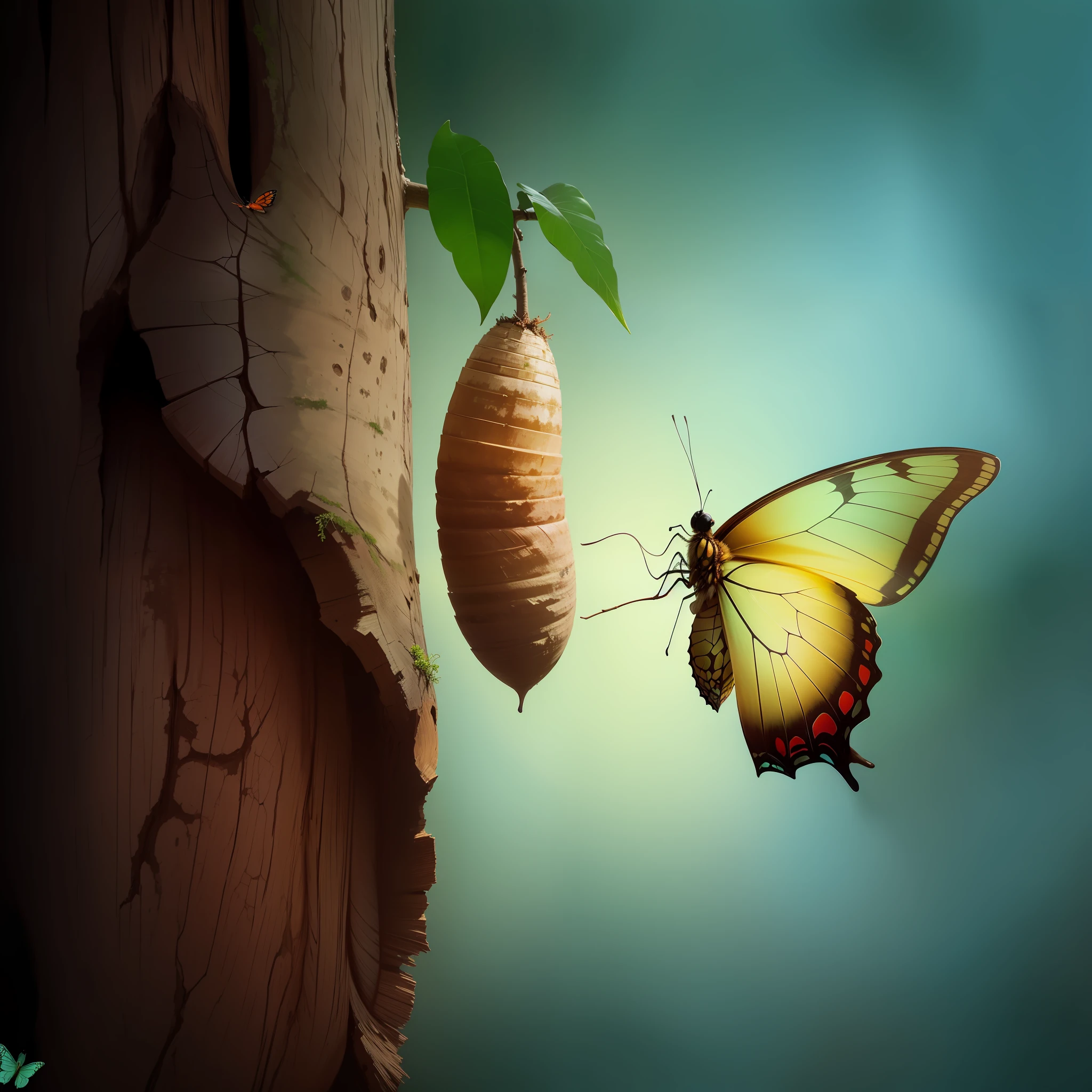 a butterfly emerges from the cocoonA felled tree, from which a small tree emerges, and in the same trunk of the tree, a butterfly emerges from the cocoon --auto