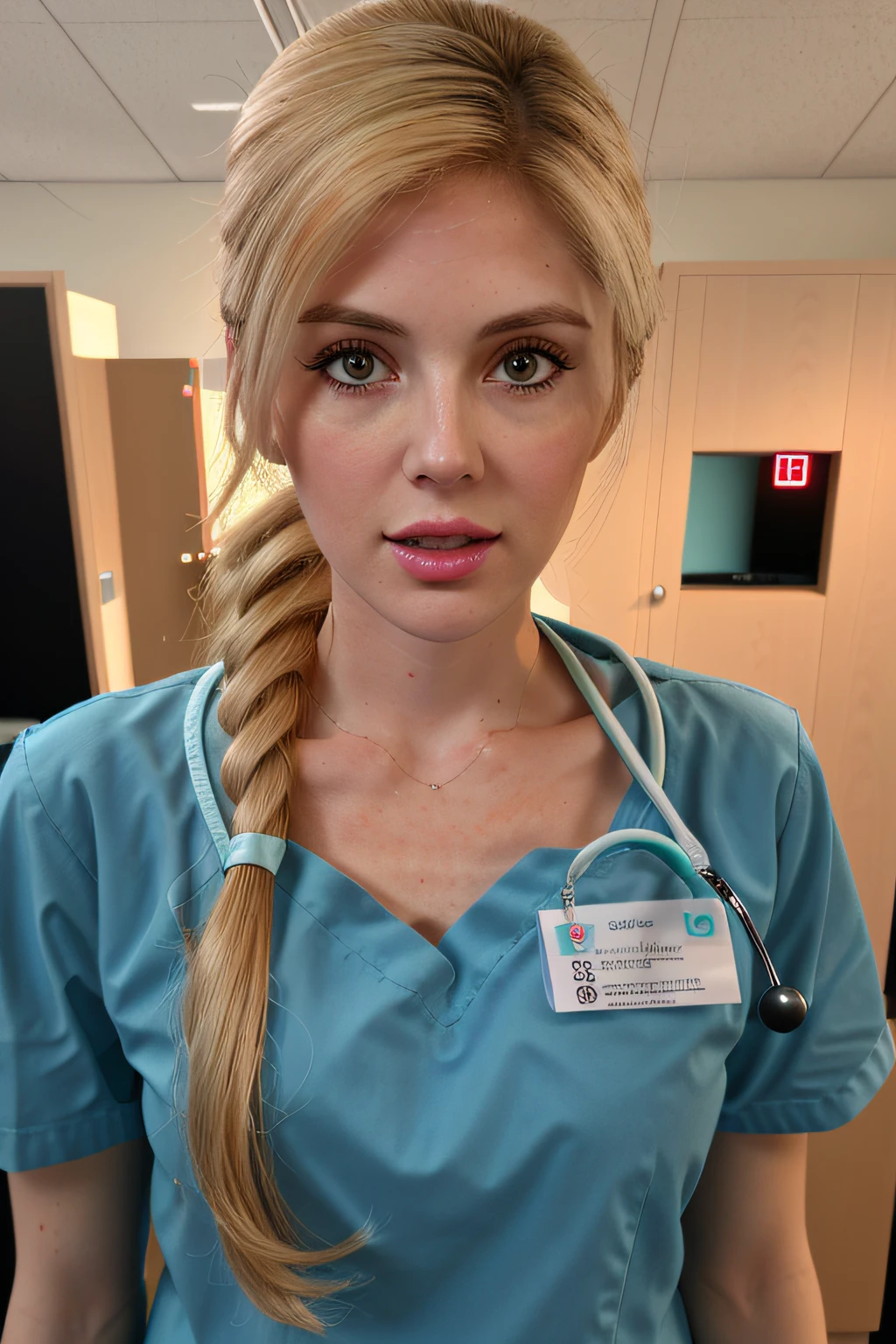 a woman nurse standing in light teal nurses scrubs, blonde hair in ponytail, in the operating room, masterpiece, RAW, HD, 8K, highly detailed face, upper body, angry