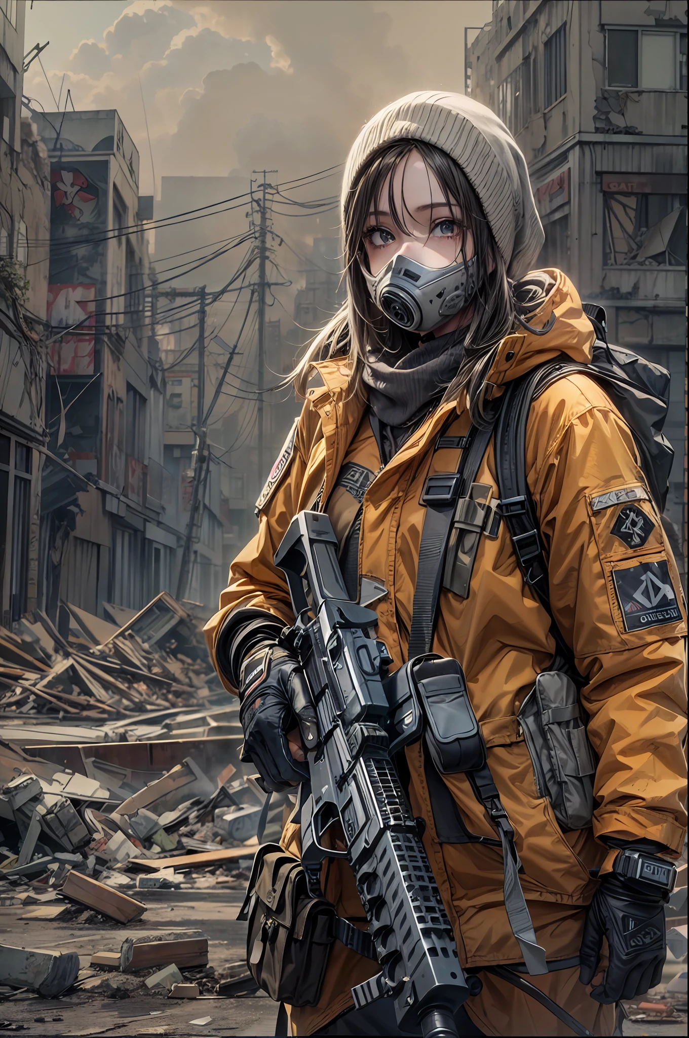 A woman in a gas mask and a gas mask holding a rifle - SeaArt AI
