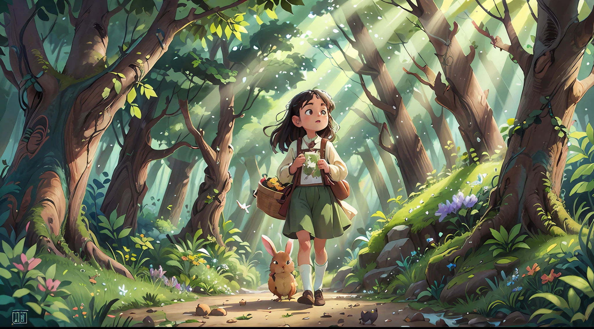 Sofia and Max exploring the magical and welcoming forest. The tall, lush trees create an aura of mystery, and sunbeams gently filter through the leaves. They encounter enchanting wonders at every step: babbling brooks, flower-filled meadows, and colorful clearings. Birds sing melodious tunes, and curious bunnies cross their path.