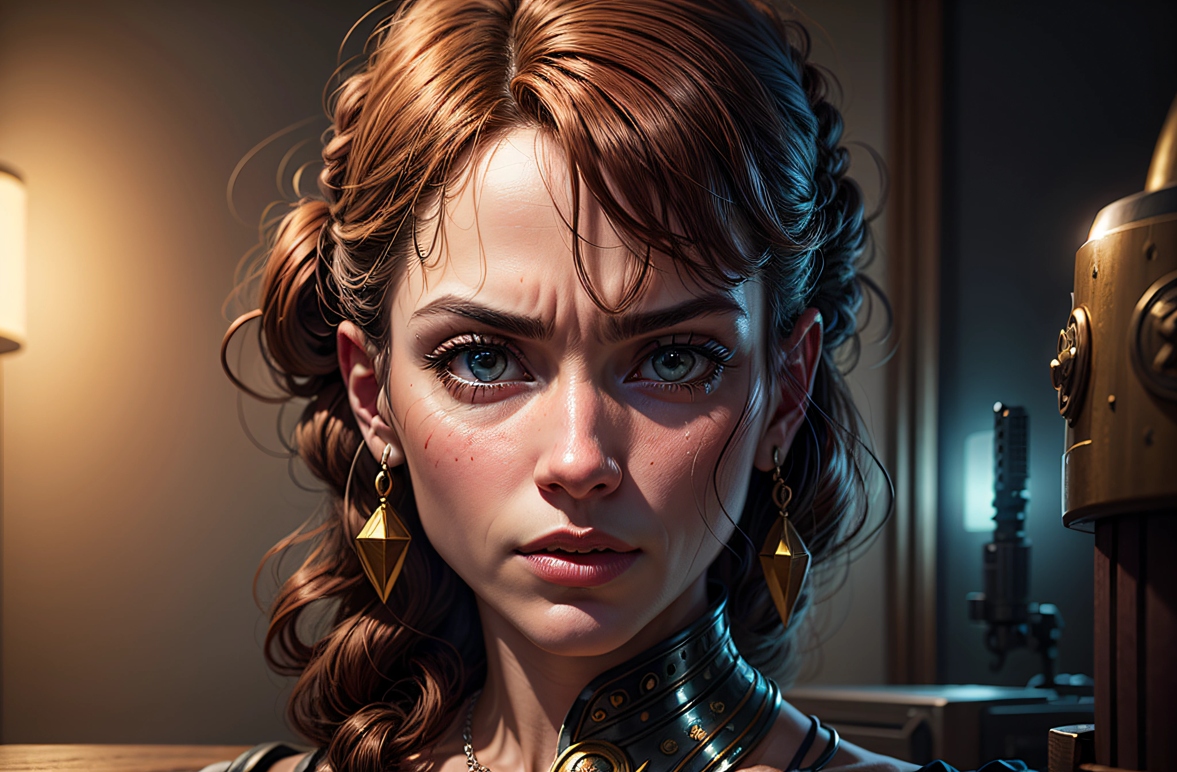 There is a woman with a very large chest and a very large necklace, 8k portrait render, Foto retrato suave 8 k, cinematic close-up of bust, cinematic bust portrait, cinematic bust shot, Cinematic realistic portrait, Retrato VFX altamente detalhado, realistic face moody lighting, CGSetivity Retrato, fierce expression 4k, closeup retrato de personagem, retrato vfx altamente detalhado de