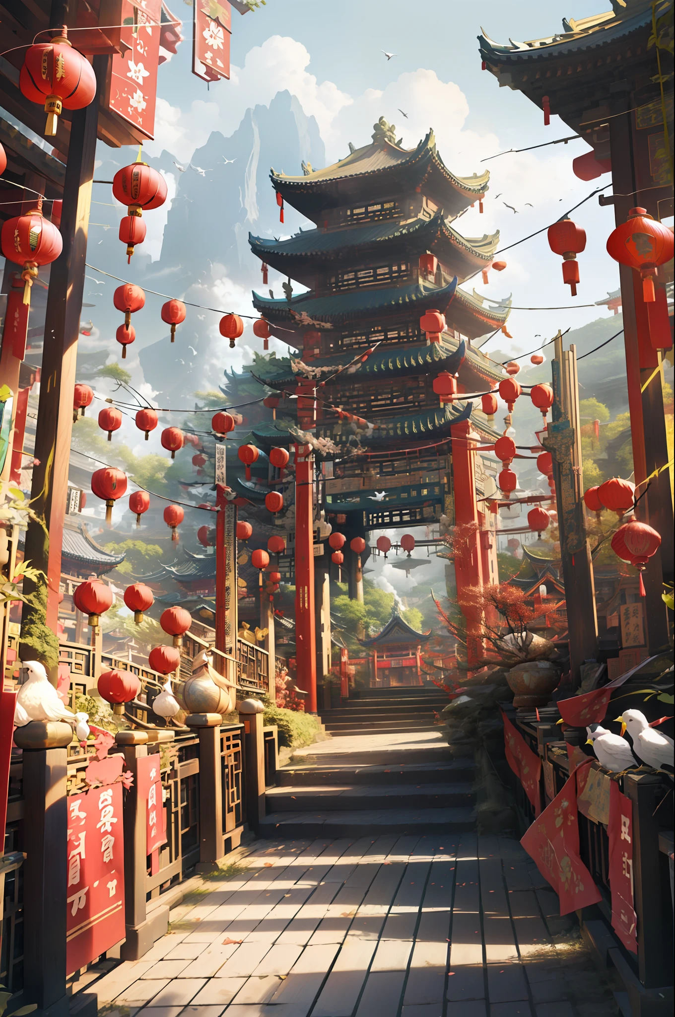 architecture, east asian architecture, scenery, lantern, pagoda, outdoors, sky, paper lantern, cloud, bird, building, tree, standing, mountain, bridge, holding, multiple girls, 6+boys, day, masterpiece, best quality,